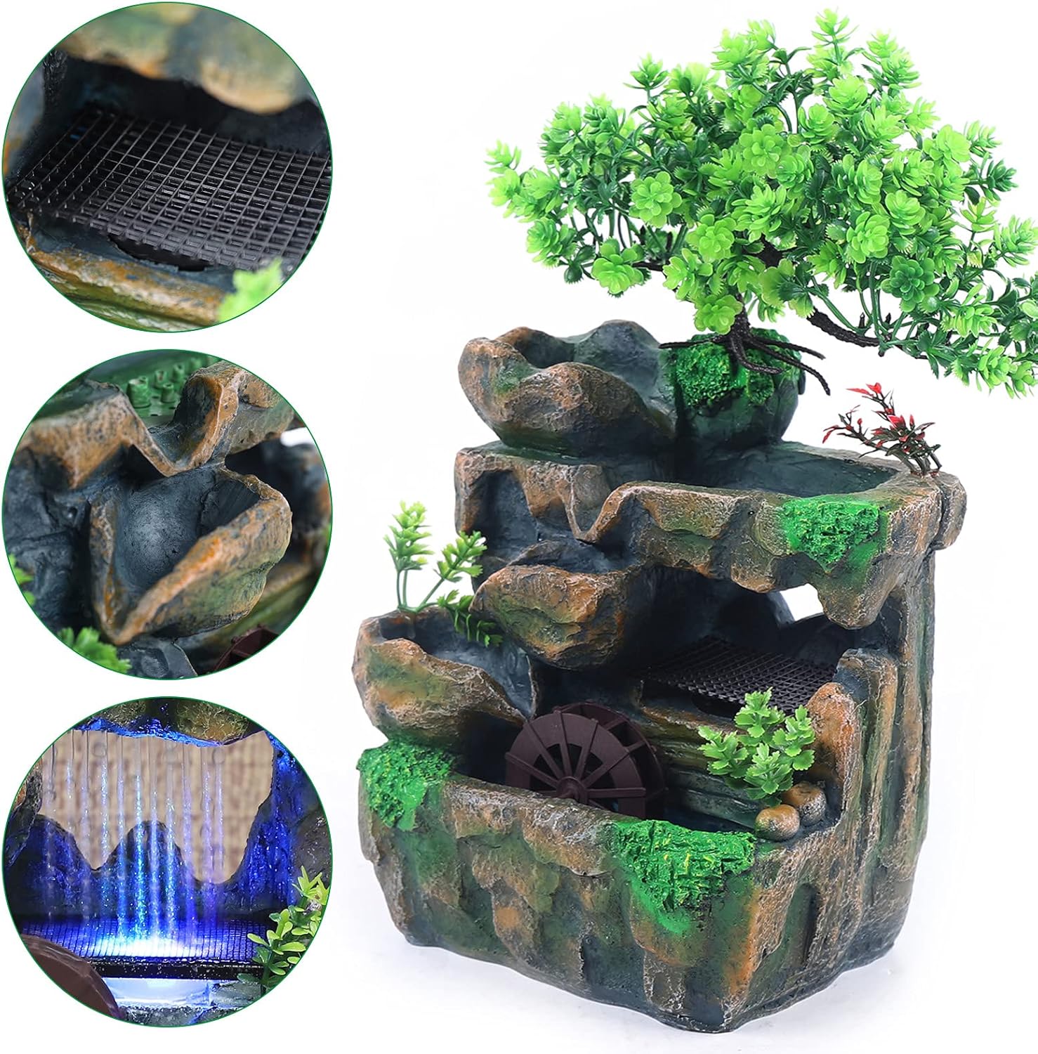 Adornos de rocalla de fuente de agua con cascada y luces LED de colores, mini cascada de escritorio, pequeña rocalla para oficina, hogar, dormitorio