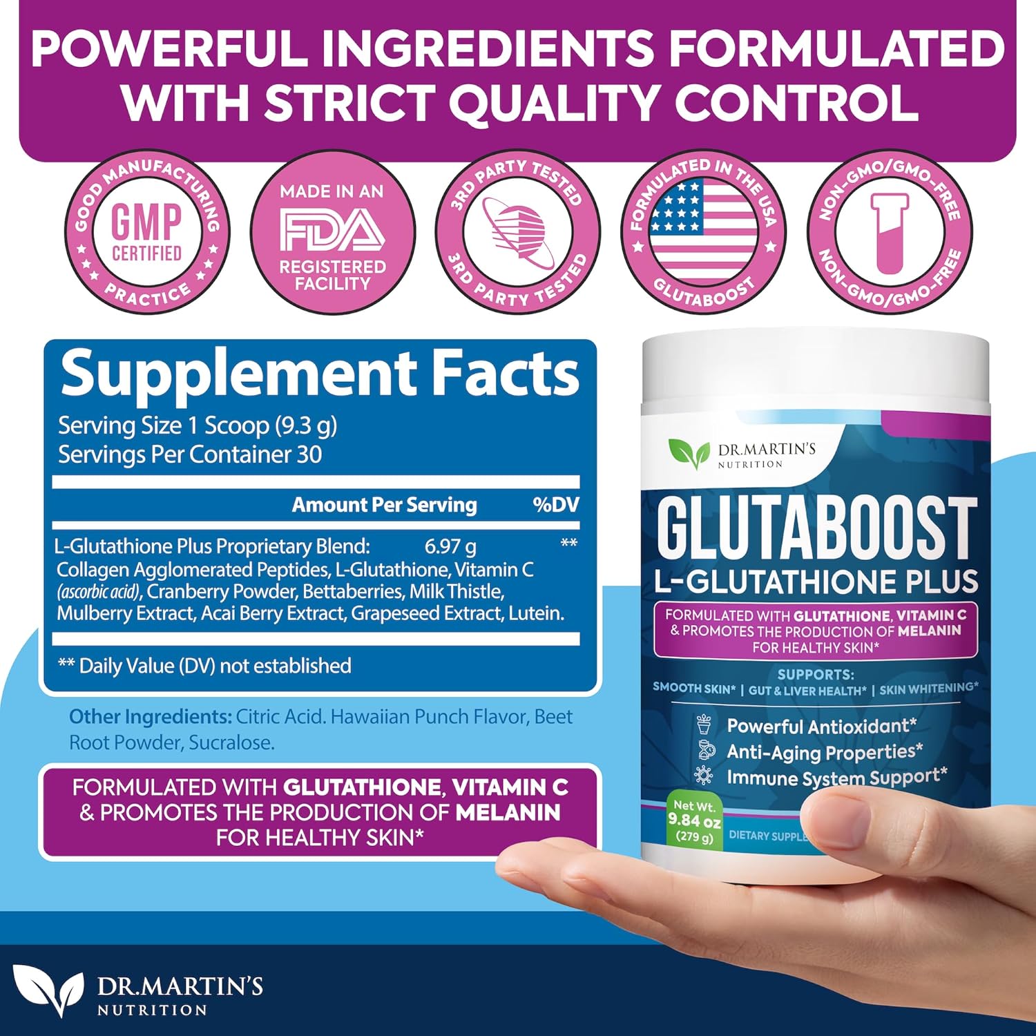 Glutatión 6970mg  Potente antioxidante  Fórmula antienvejecimiento para la salud de la piel, blanqueamiento y pigmentación  Apoya el sistema