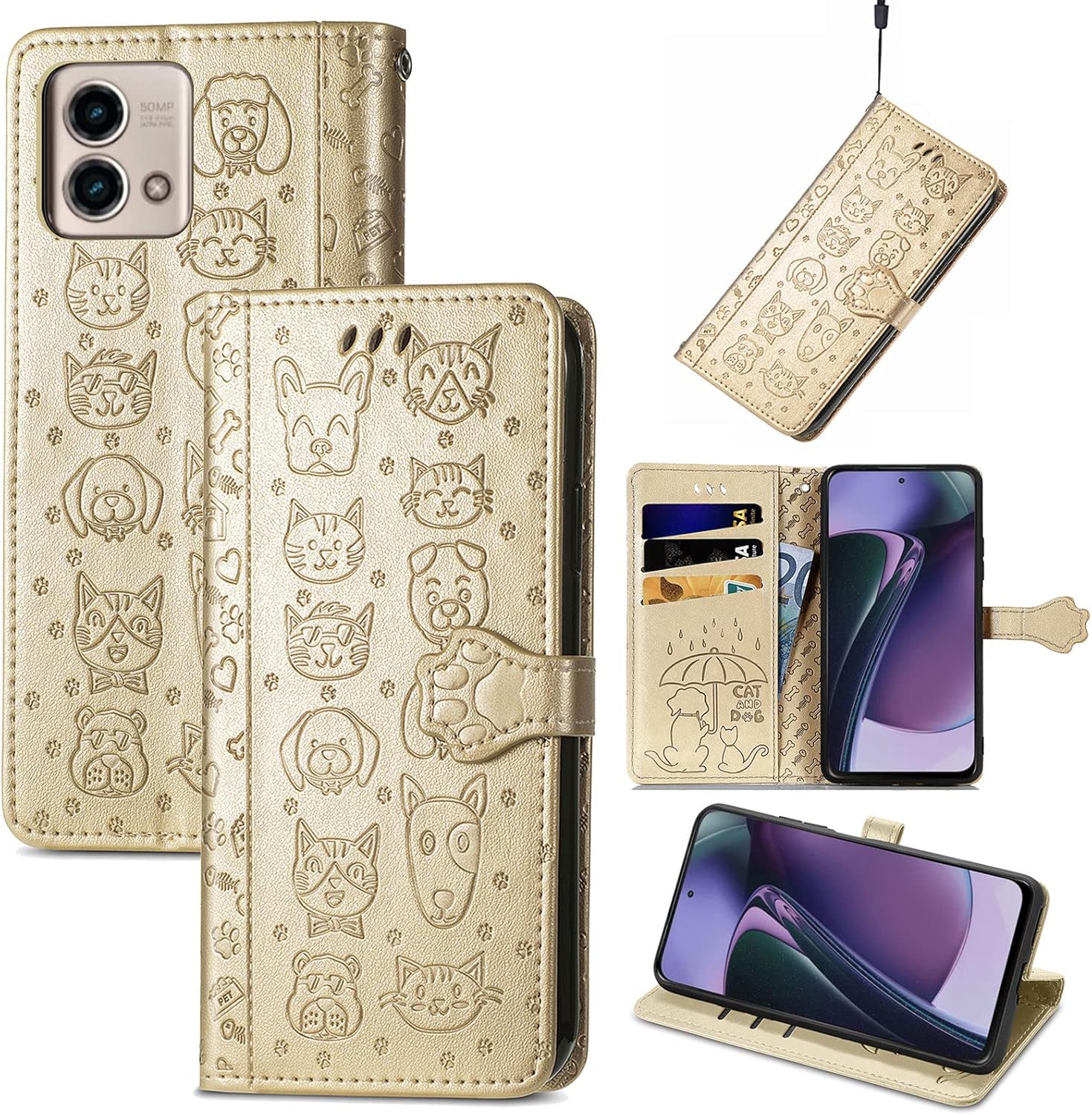 Funda tipo cartera de piel sintética para Moto G Stylus 5G 2023, diseño de perros y gatos con cierre magnético y ranuras para tarjetas de efectivo