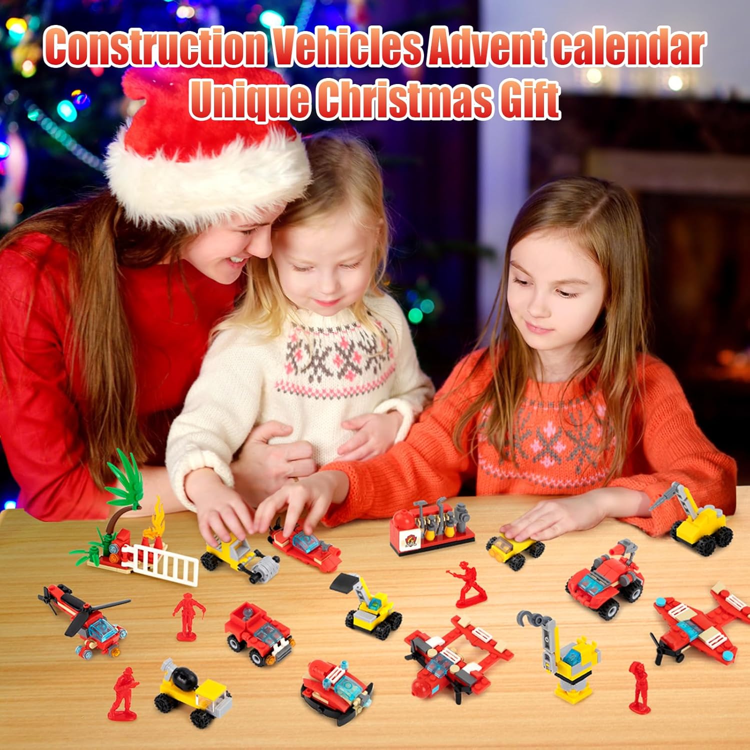 Calendario de Adviento de Navidad 2023, cuenta regresiva de 24 días para niños, diferentes vehículos de construcción, camiones de bomberos, bloques