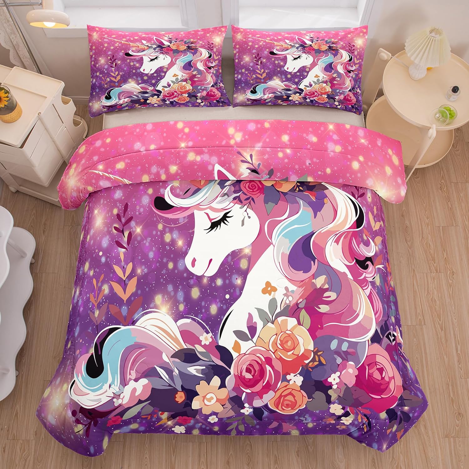 Tailor Shop Juego de ropa de cama de unicornio para niñas, juego de edredón de unicornio rosa y morado, juego de ropa de cama Queen Galaxy para