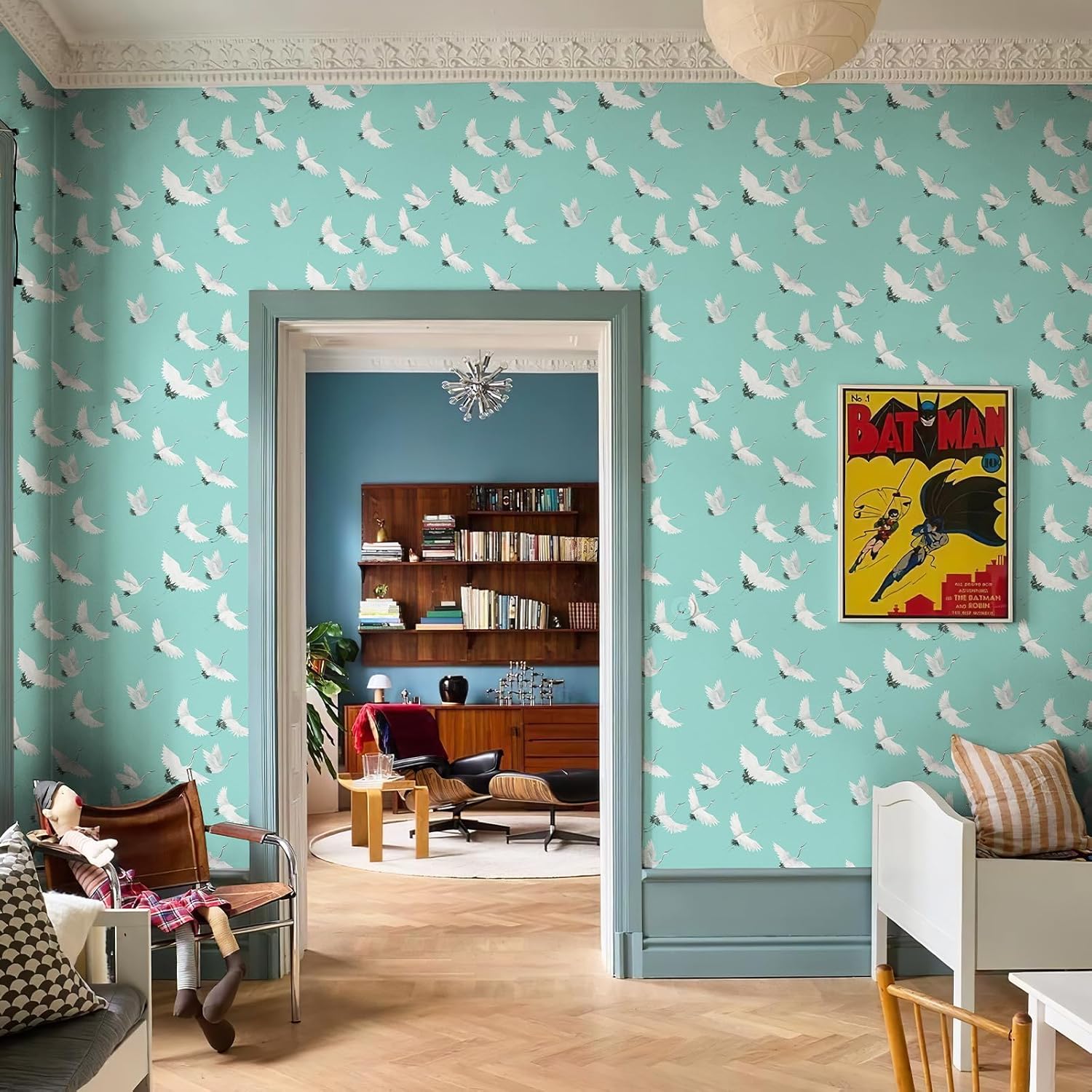 Papel tapiz azul para despegar y pegar, papel tapiz japonés verde de 118 x 17.3 pulgadas, papel tapiz para dormitorio, cocina, baño