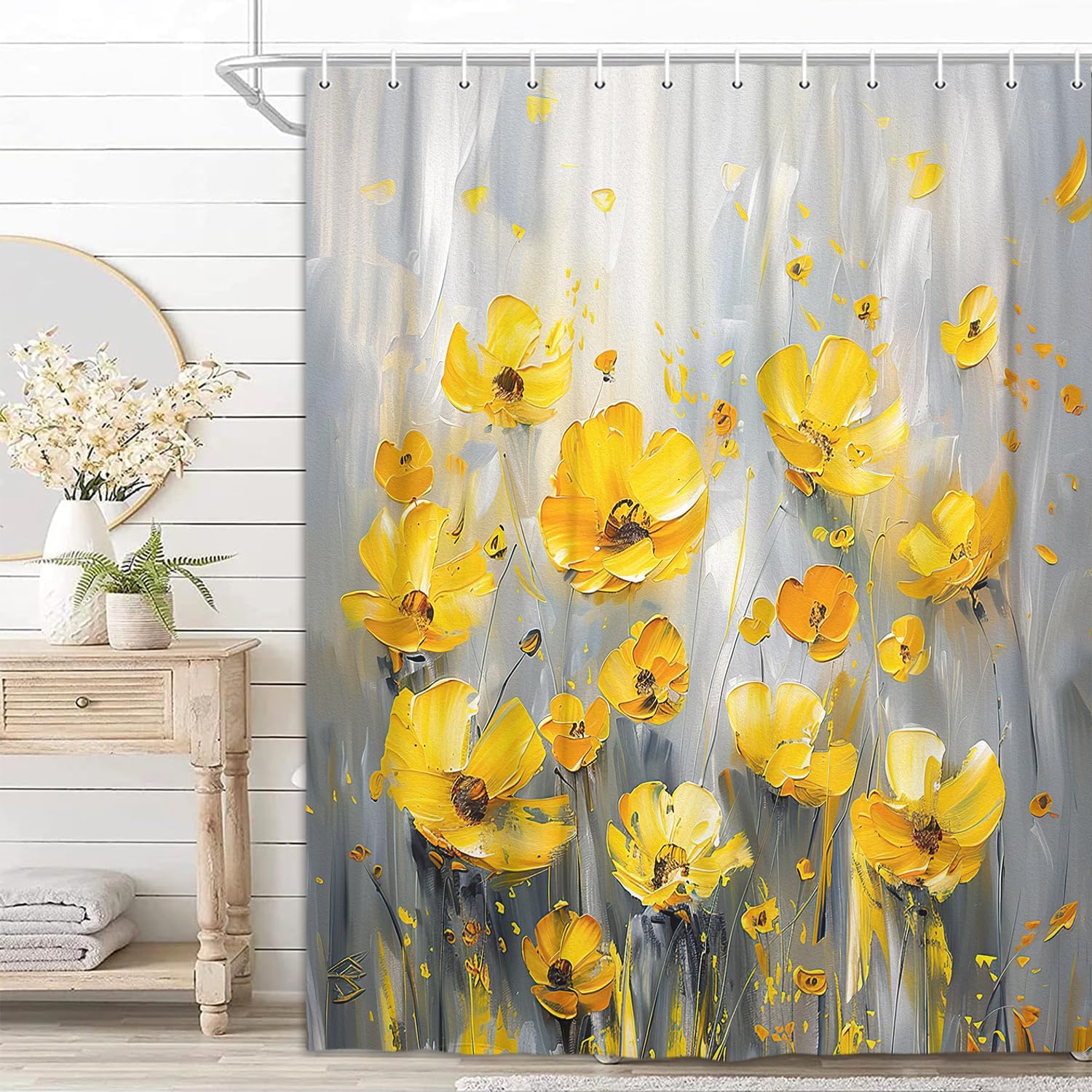 Cortina de ducha retro rústica con flores amarillas, pintura al óleo amarilla, hojas grises y florales, cortina de ducha para baño, 12 ganchos, 70 x