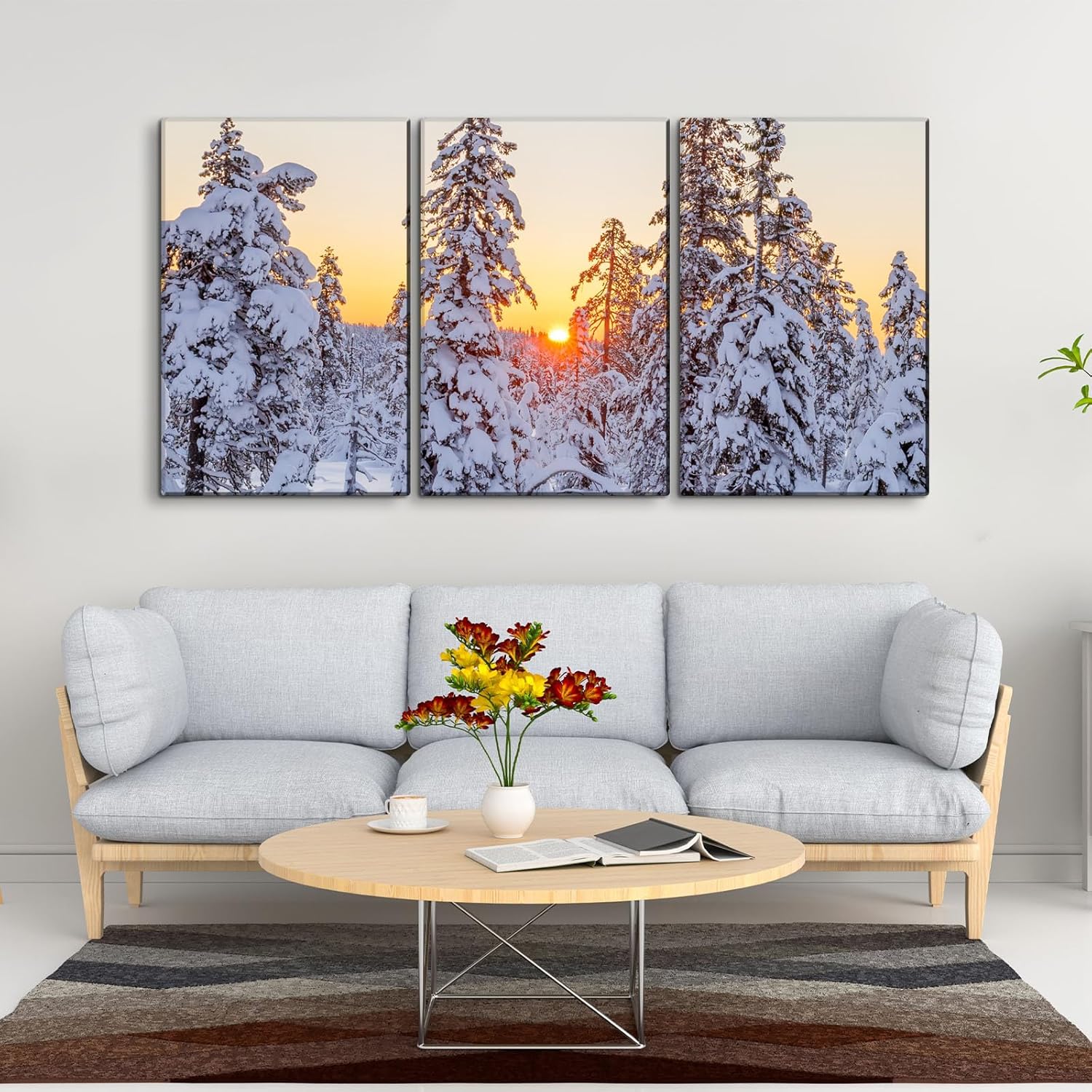 YONICA Lienzo decorativo de 3 paneles para decoración de oficina en casa, hermoso paisaje con árboles nevados y puesta de sol, impresiones en