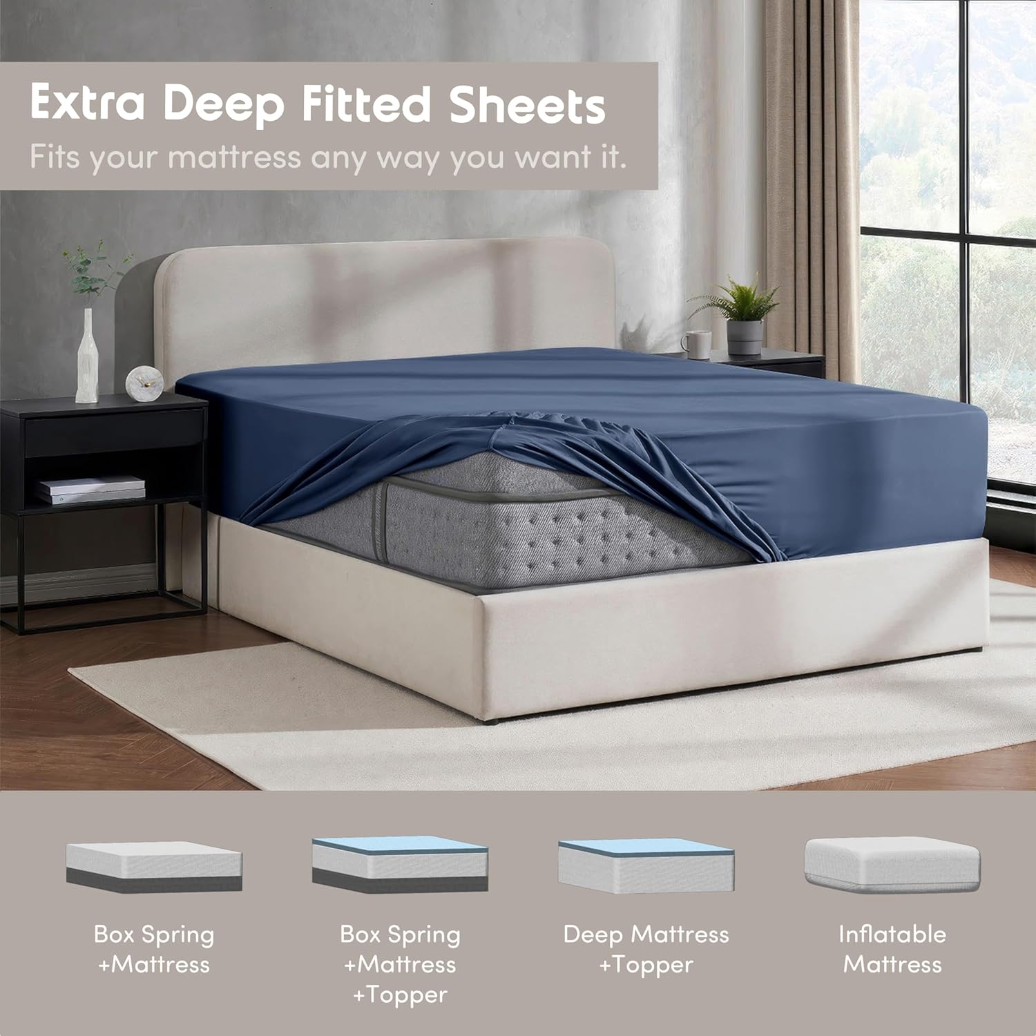Nestl Bedding – Sábanas bajeras con bolsillo profundo de 53 cm, Microfibra, Azul marino, gemelo