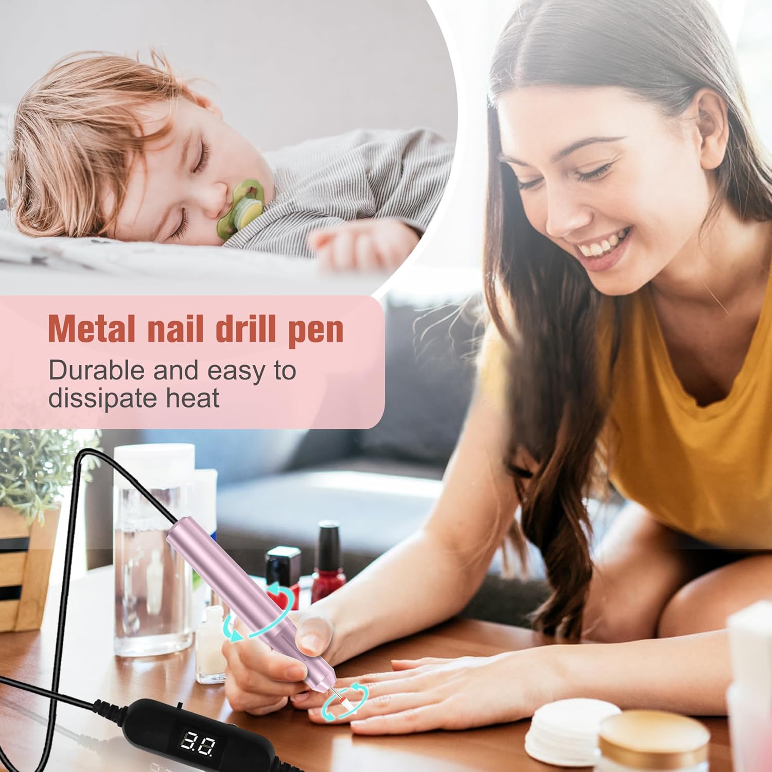 Uñas eléctricas portátiles con cabezal de pulido de cerámica, pantalla de visualización de archivos de uñas DC12V USB Strong Power Efile para uñas