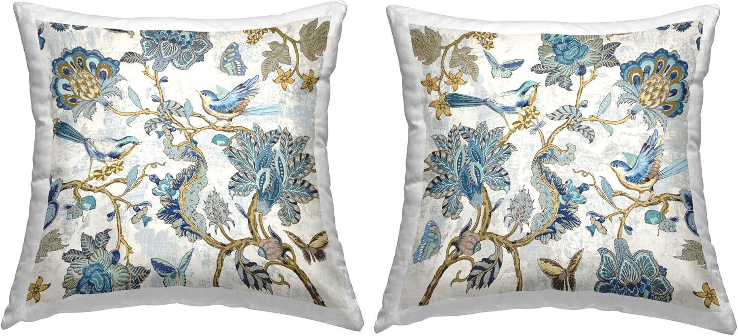 Stupell Industries Reneé Campbell – Juego de 2 almohadas con diseño floral de cachemira detallada, 18 x 18 pulgadas, color azul