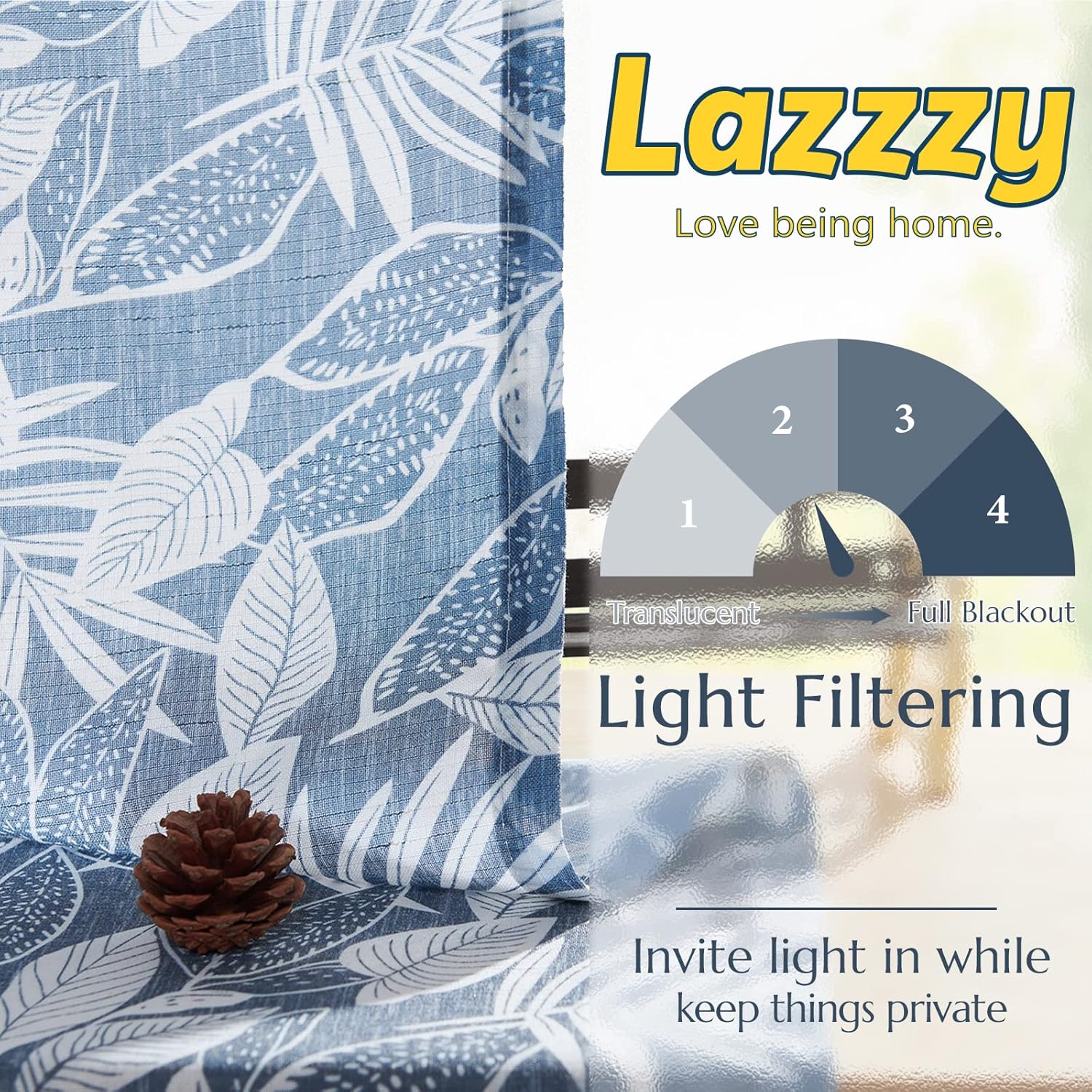 Lazzzy Cenefa de cocina floral azul con patrón de hojas, cortina corta rústica de lino para cafetería, cocina, bolsillo para barra de 18 pulgadas, 1