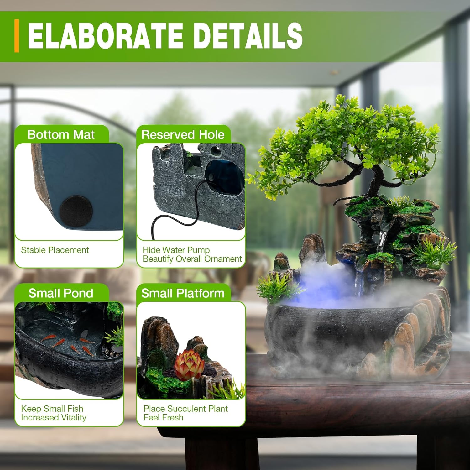 Fuente de escritorio de relajación para interiores, cascada de meditación zen con bomba automática y humidificador atomizador, cascada iluminada