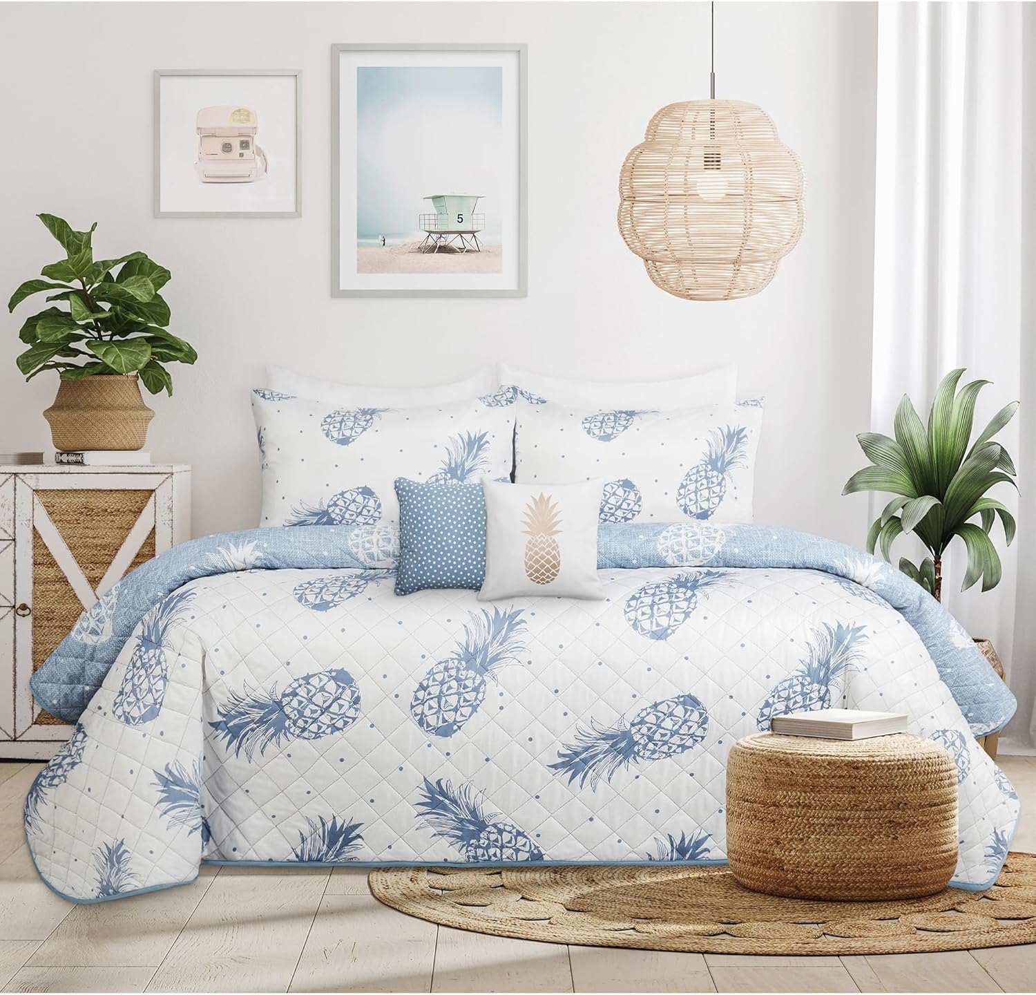 Colchas para cama doble y queen, con piñas azules, colcha suave de verano, colcha de microfibra ligera, colcha de estilo moderno para todas las