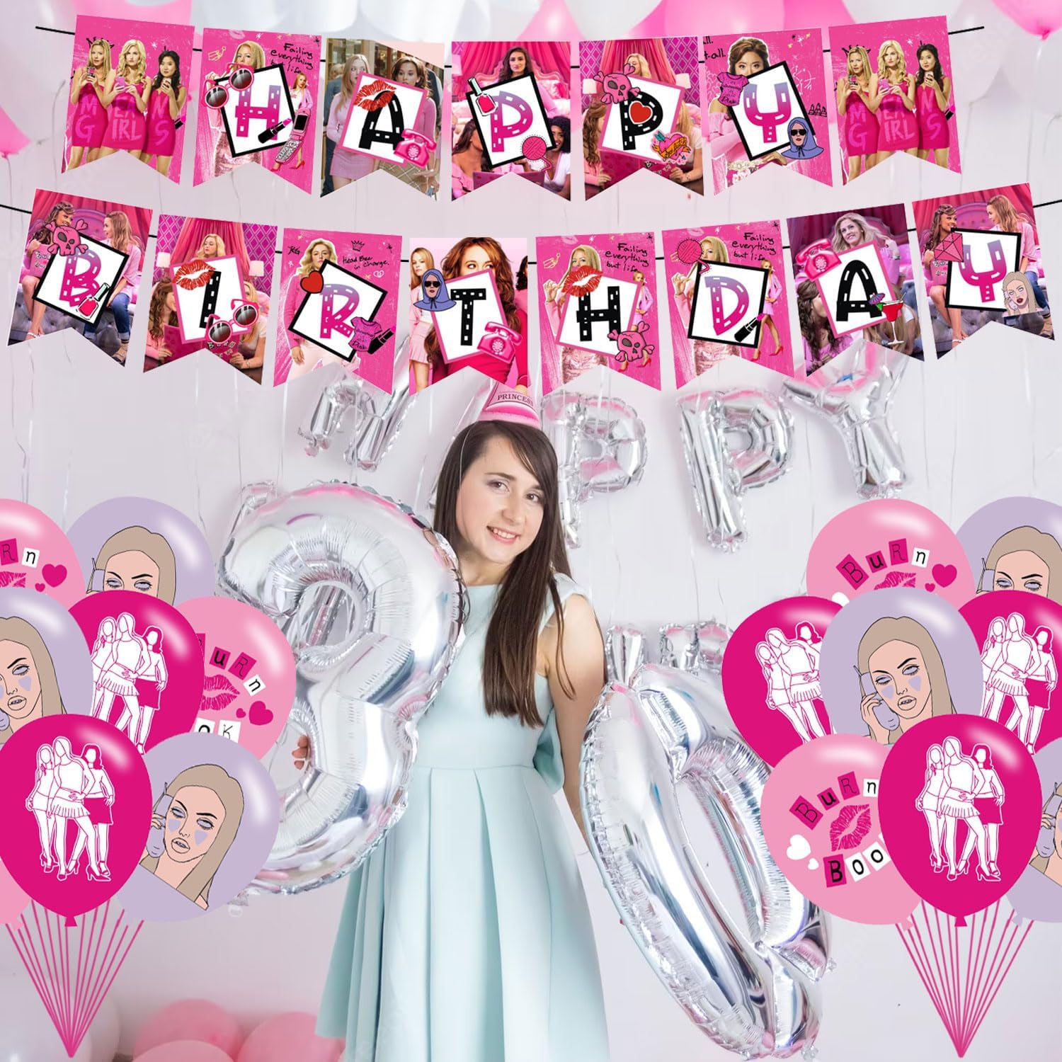 Mean Girls – Suministros para fiesta de cumpleaños, decoraciones de fiesta de cumpleaños de niñas con pancarta de feliz cumpleaños, decoración de