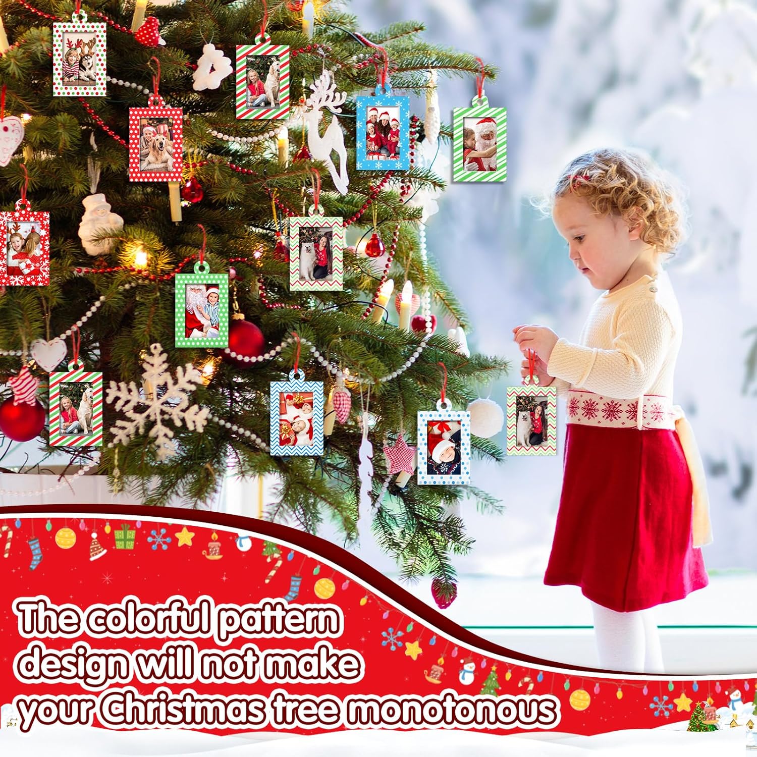 40 marcos de fotos de Navidad de fieltro para colgar en el árbol con cintas, juego de marcos de fotos para árbol de Navidad (rectangular)