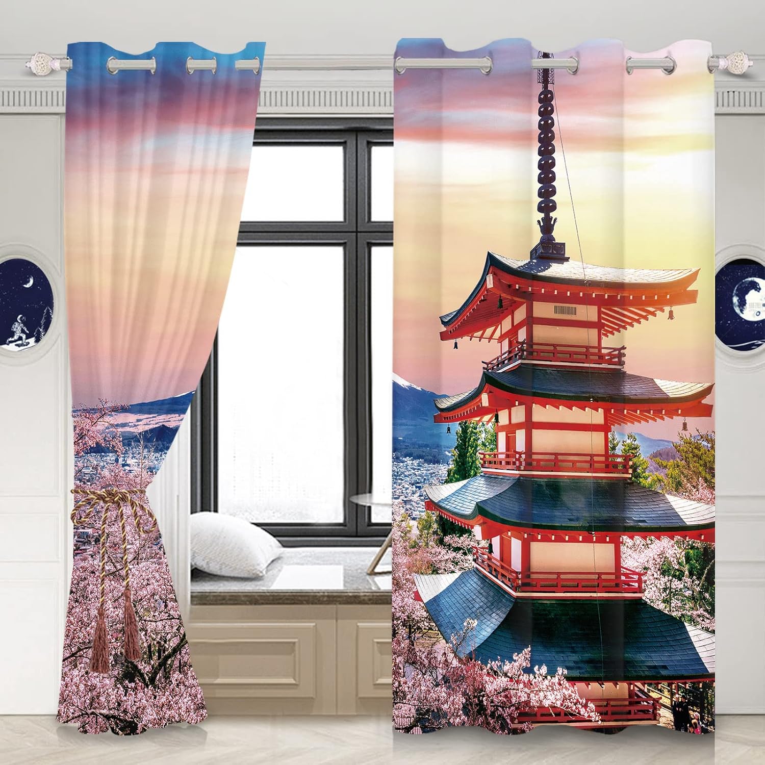 Cortinas japonesas con diseño de volcán japonés, pabellón de volcán japonés, para dormitorio, sala de estar, puesta de sol, nieve, montaña, cortinas