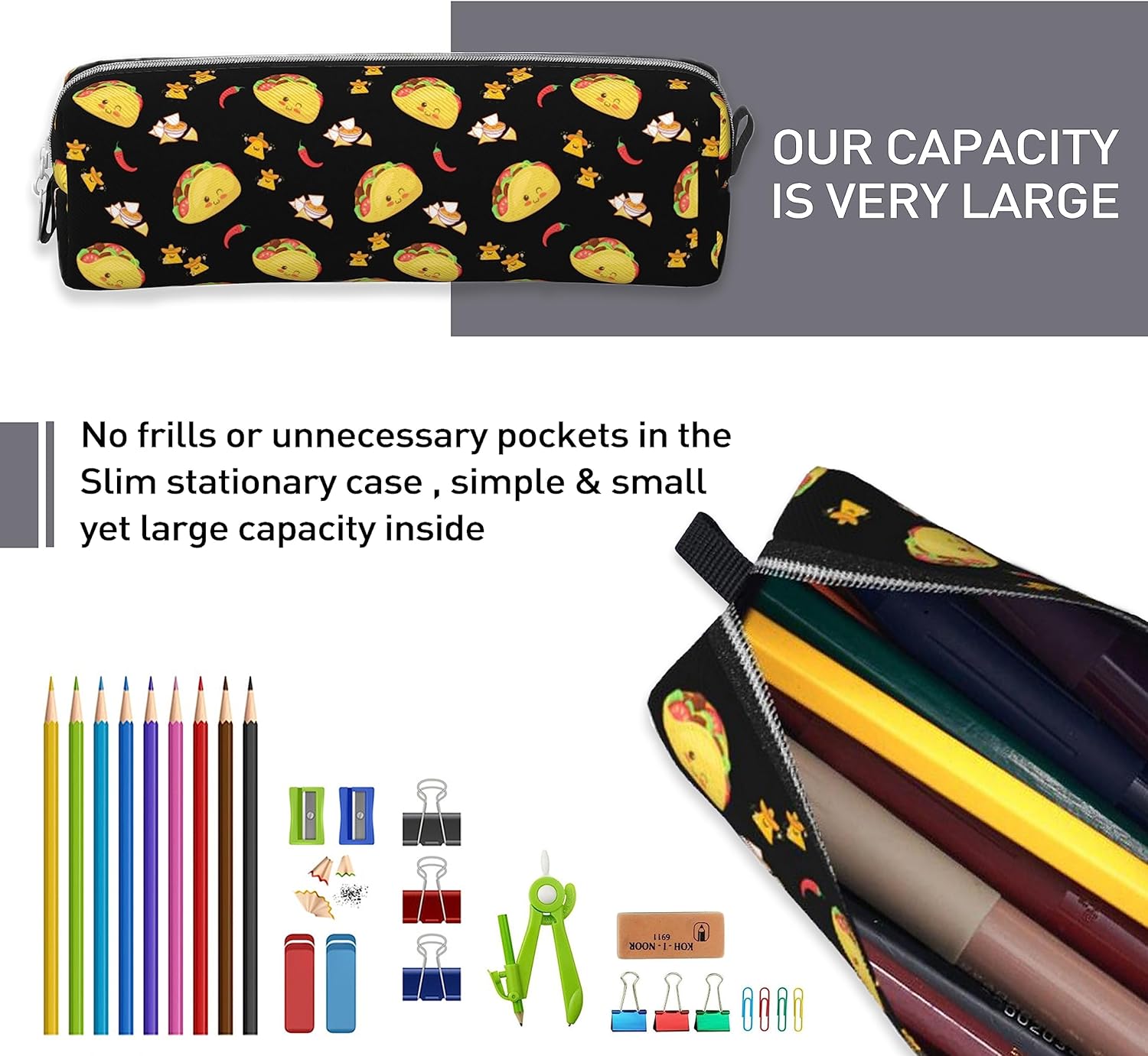 Estuche para lápices de tacos para niños y niñas, estuche de alta capacidad con organizador de cremallera, bolsa de papelería para oficina y