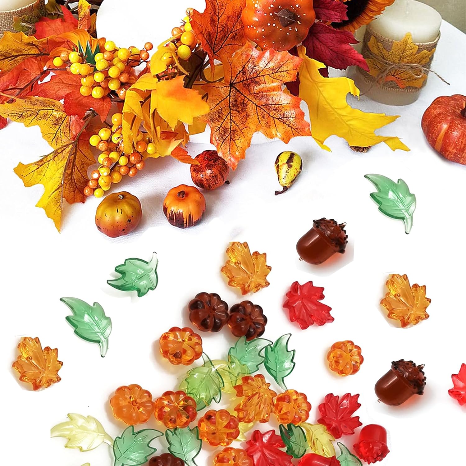 Relleno de jarrón de otoño para decoración del día de Acción de Gracias, dispersión de mesa de calabaza acrílica, mini hojas de otoño, bellotas,