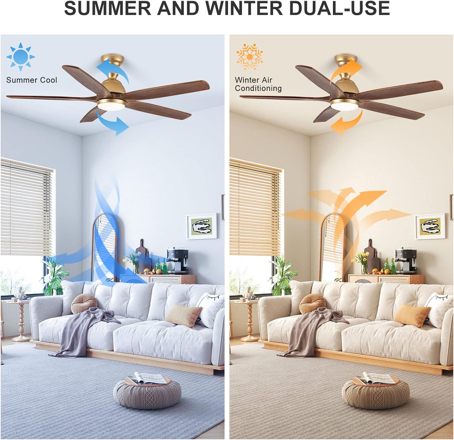 Ventilador de techo dorado de 52 pulgadas con luces y control remoto, ventilador de techo para exteriores con luz, luz LED regulable, ventilador de