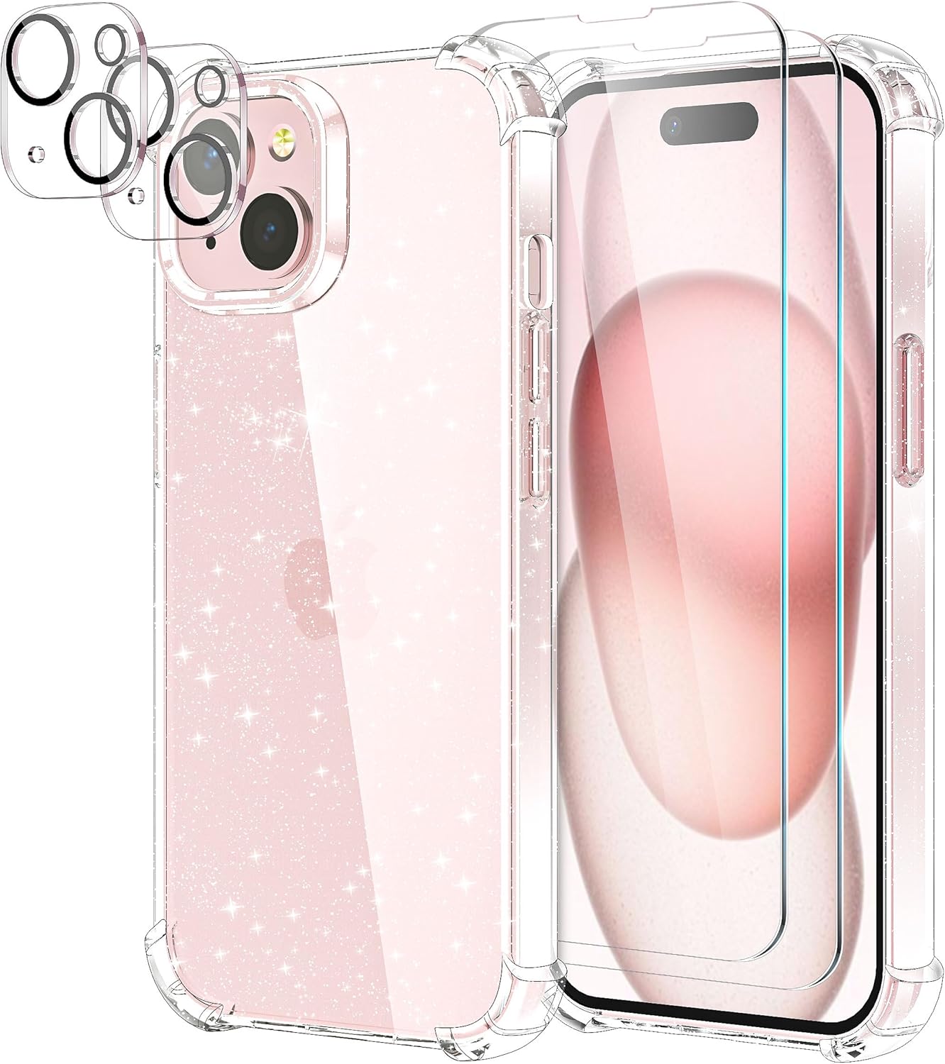 KSWOUS Funda para iPhone 15 con purpurina con 2 protectores de pantalla + 2 protectores de lente de cámara, funda transparente brillante para