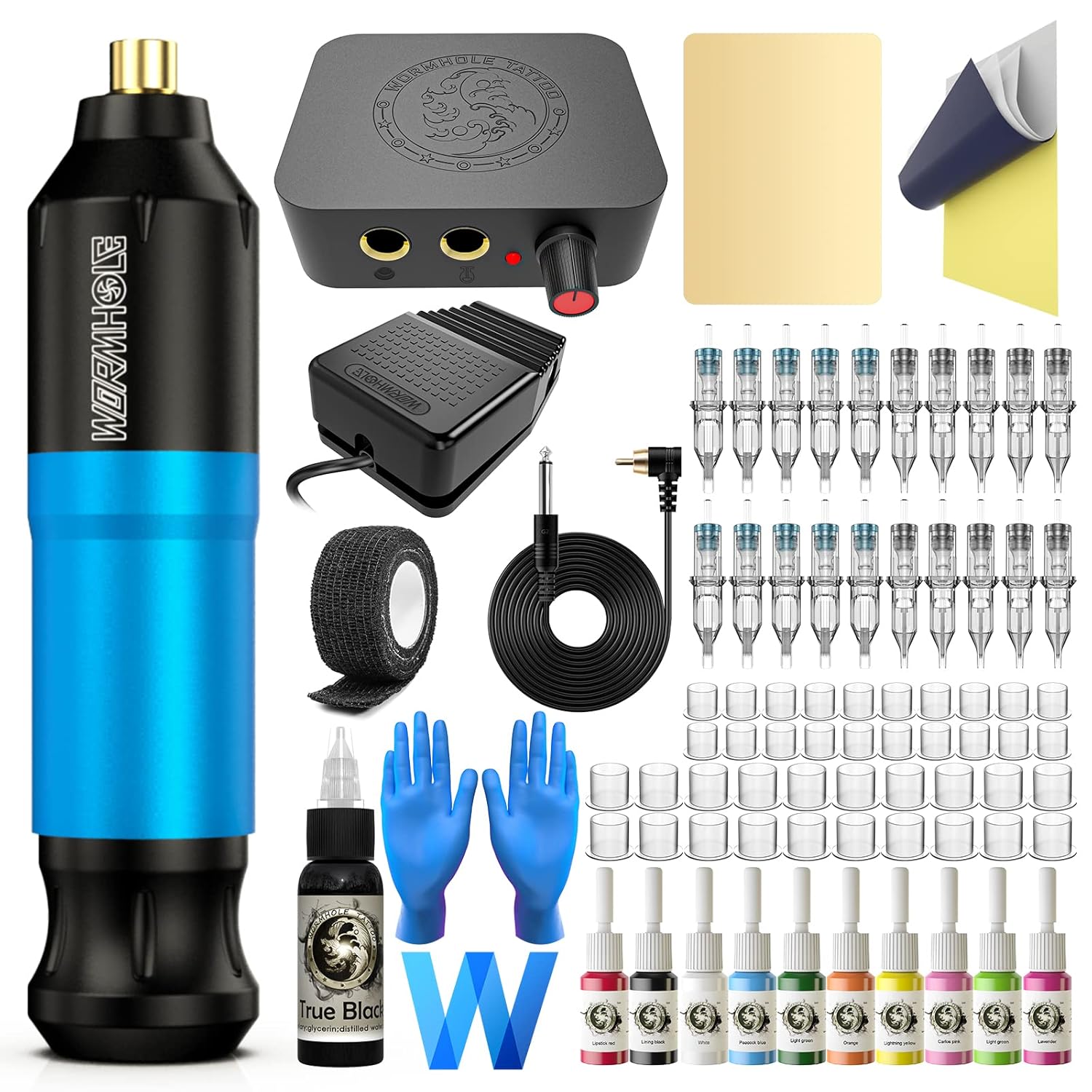 Kit de tatuaje Wormhole Tattoo Gun Kit de bolígrafo de tatuaje, kit de máquina de tatuaje rotativa con fuente de alimentación de tatuaje y agujas de