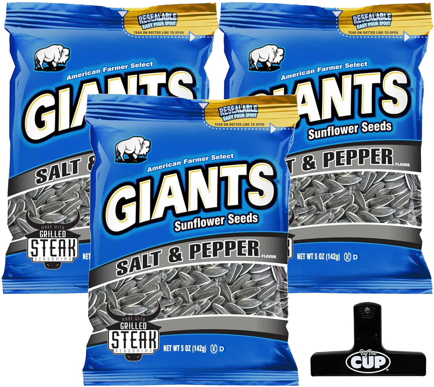 Giants – Semillas de girasol de sal y pimienta, bolsa resellable de 5 onzas (paquete de 3) con clip para bolsa By The Cup
