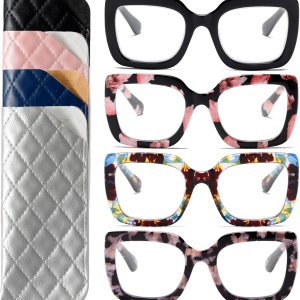 Paquete de 4 lentes de lectura retro de gran tamaño para mujer, con bloqueo de luz azul con bisagra de resorte y fundas de piel sintética Paquete de 4 lentes de lectura retro de gran tamaño para mujer, con bloqueo de luz azul con bisagra de resorte y fundas de piel sintética