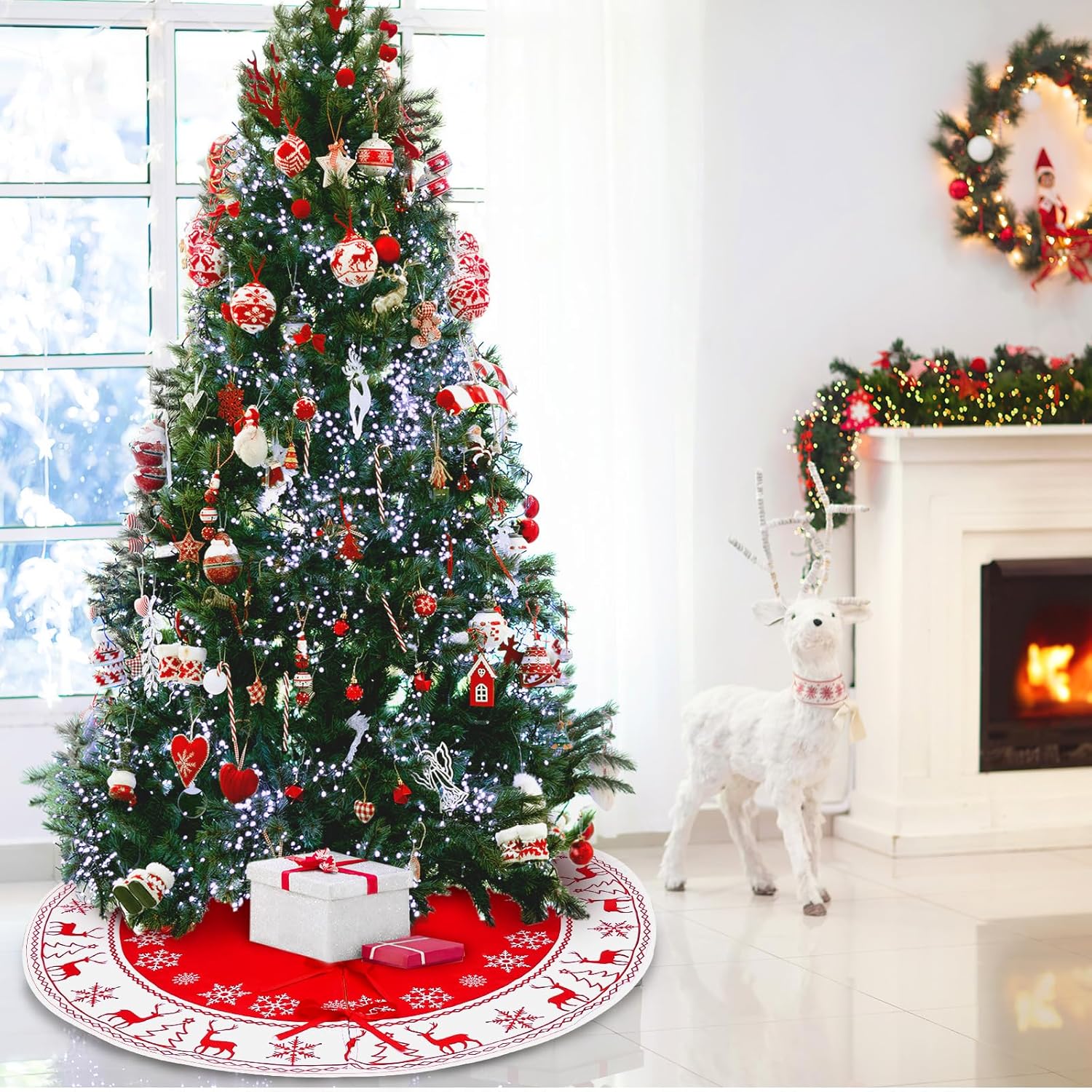 OurWarm Falda de árbol de Navidad de 48 pulgadas, faldas grandes para árbol de Navidad con patrón de copo de nieve y reno, tapete de árbol rojo y
