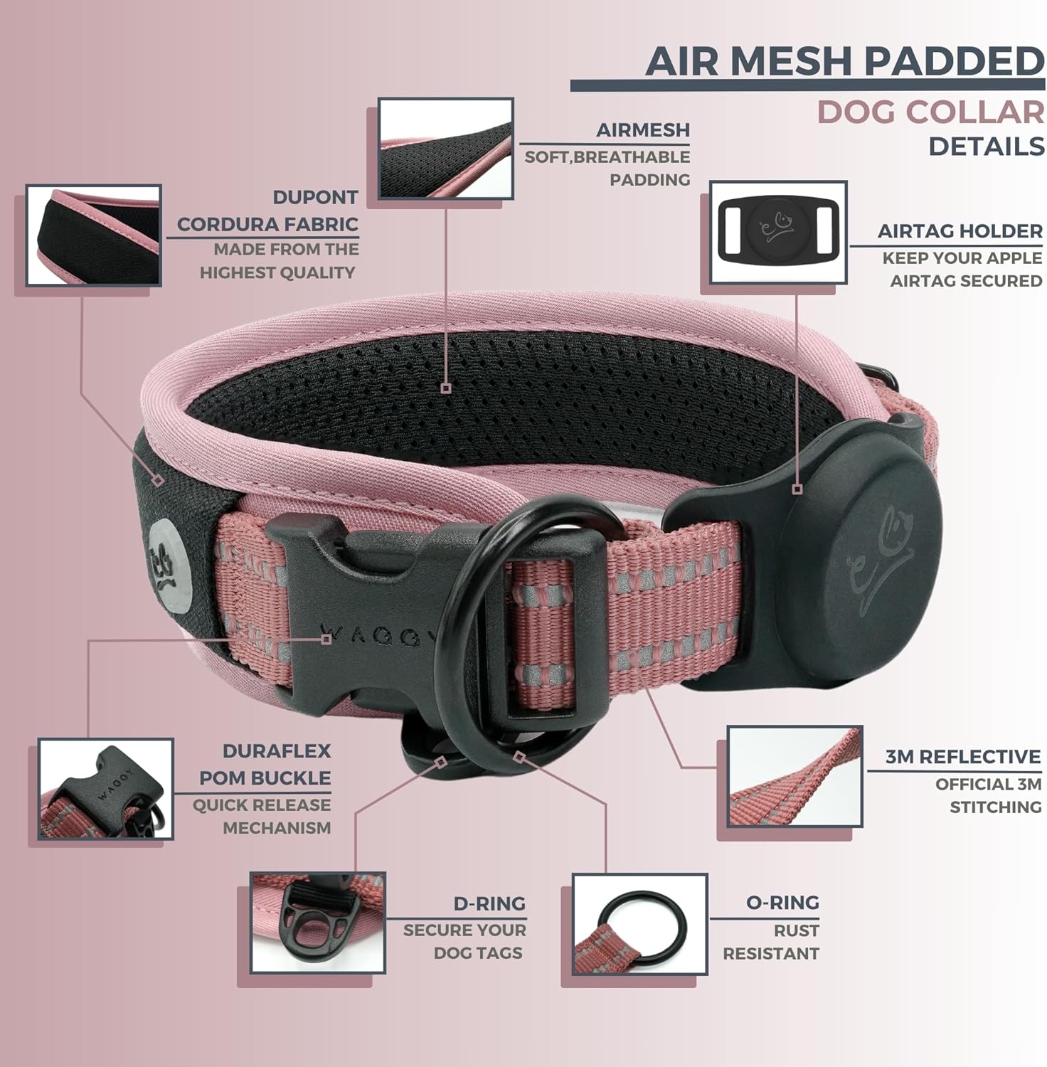 Collar de perro de alta calidad, soporte para Airtag de Apple, ajustable, resistente, reflectante 3M, sin rozaduras, malla de aire ultra suave,