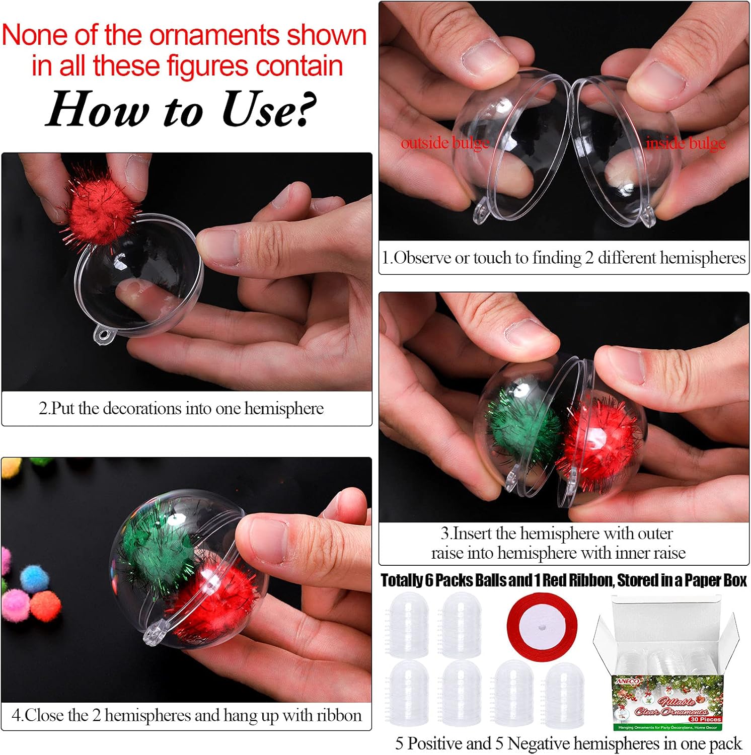 Aneco 30 bolas de plástico transparente rellenables de 1.97 pulgadas (1.969 in) para manualidades, adornos de bolas de árbol de Navidad,