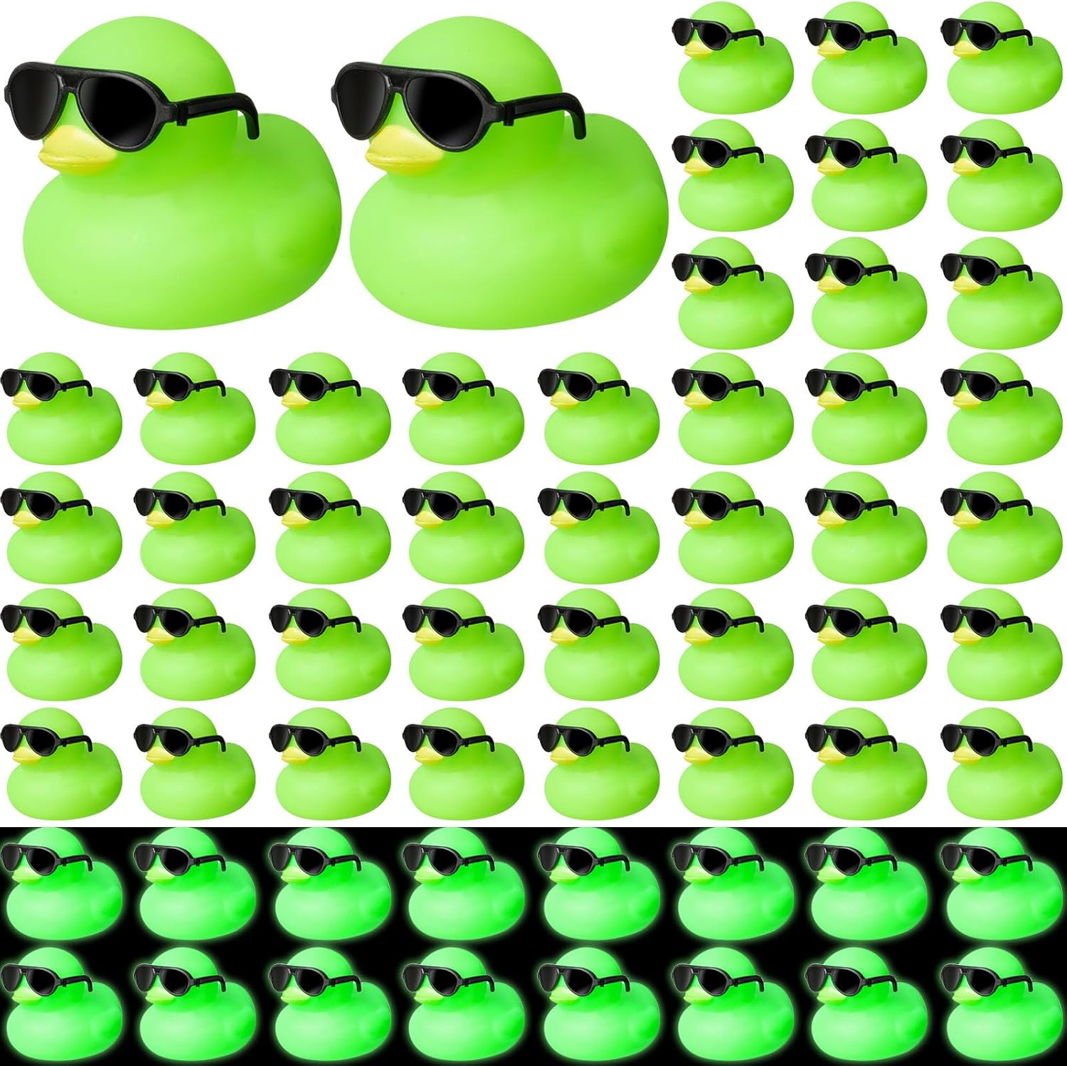 60 mini patos de goma con 60 lentes de sol de 2.2 pulgadas que brillan en la oscuridad, patos de goma chirriantes, juguetes de bañera a granel,