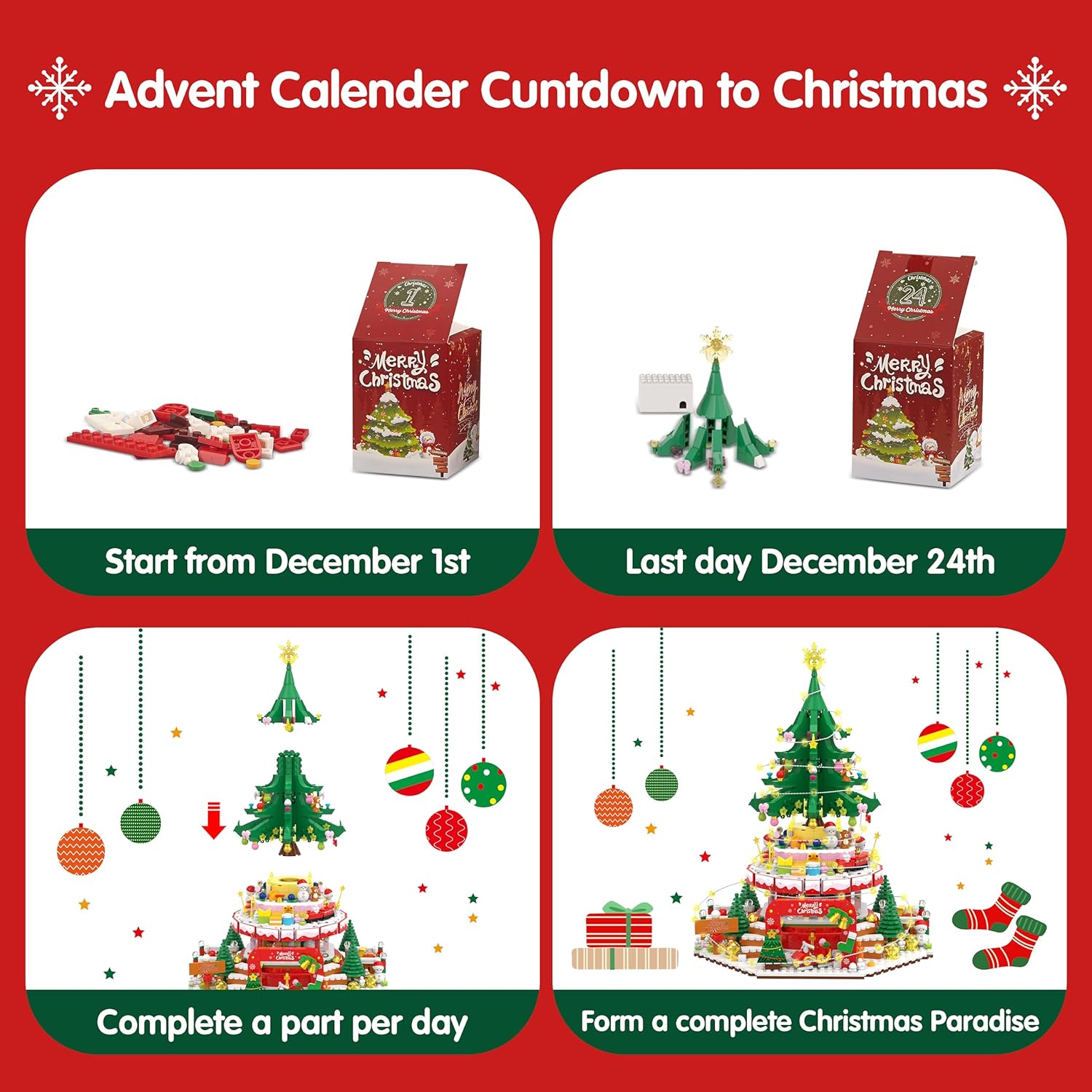 Calendario de Adviento 2023 Bloques de construcción de Navidad, kits de construcción de Paraíso de Navidad, 24 piezas, 1814 piezas de bloques de