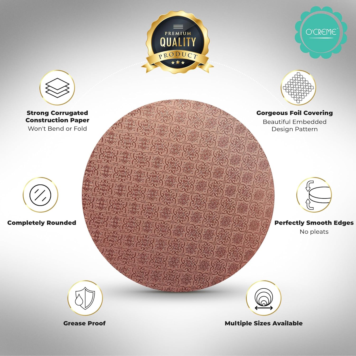 O’Creme Tabla para tartas, círculos redondos de papel de aluminio de oro rosa con diseño magnífico, resistente y duradero, tambores para pasteles de
