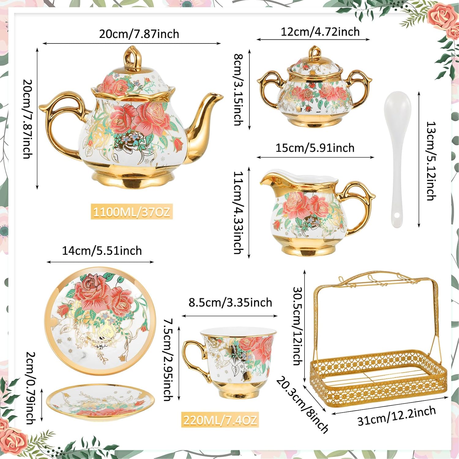 Juego de té de porcelana de Navidad para adultos, 22 piezas, regalo con soporte de metal, juego de té de cerámica europea, juego de té para adultos,