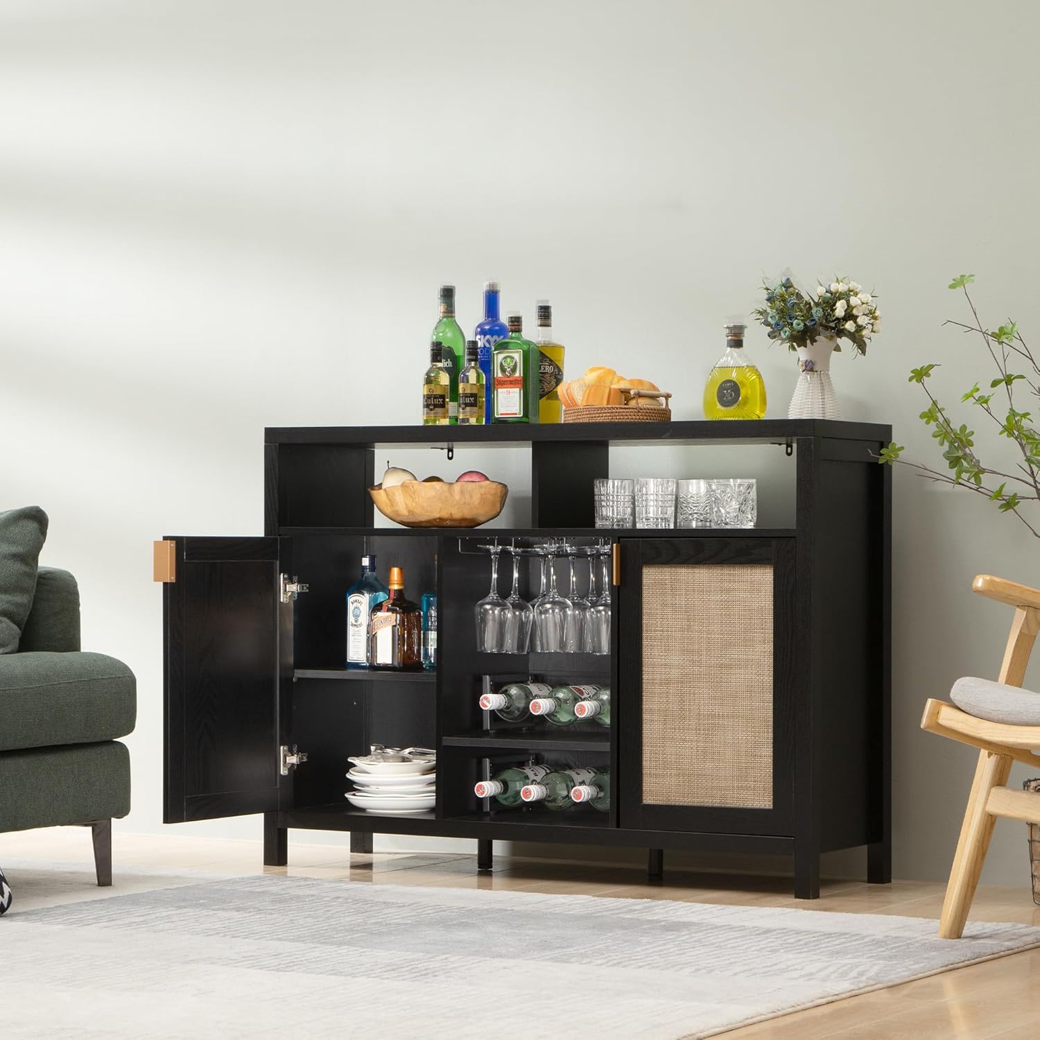 SICOTAS Gabinete de ratán para cafetería, aparador de 51 pulgadas con almacenamiento, armario moderno para licores con estantes para vino, mesa de