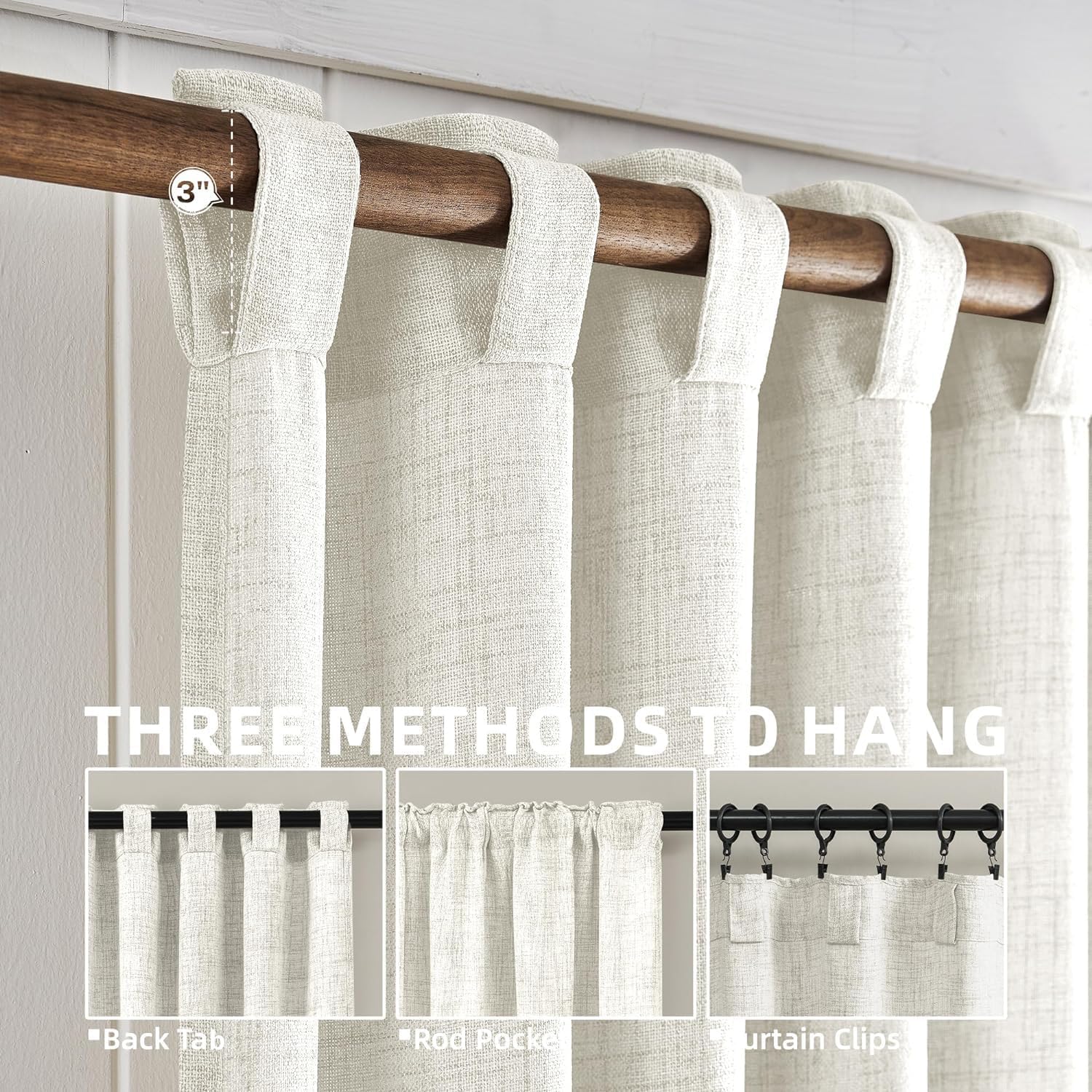 Cortinas de lino con pestaña trasera de 96 pulgadas de largo para sala de estar, cortinas semitransparentes para privacidad para dormitorio,