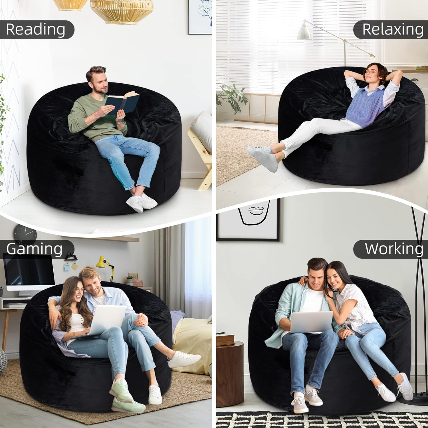 Puf gigante de 5 pies, relleno de espuma viscoelástica con funda de terciopelo, funda extraíble y lavable a máquina, puf para adultos, color negro