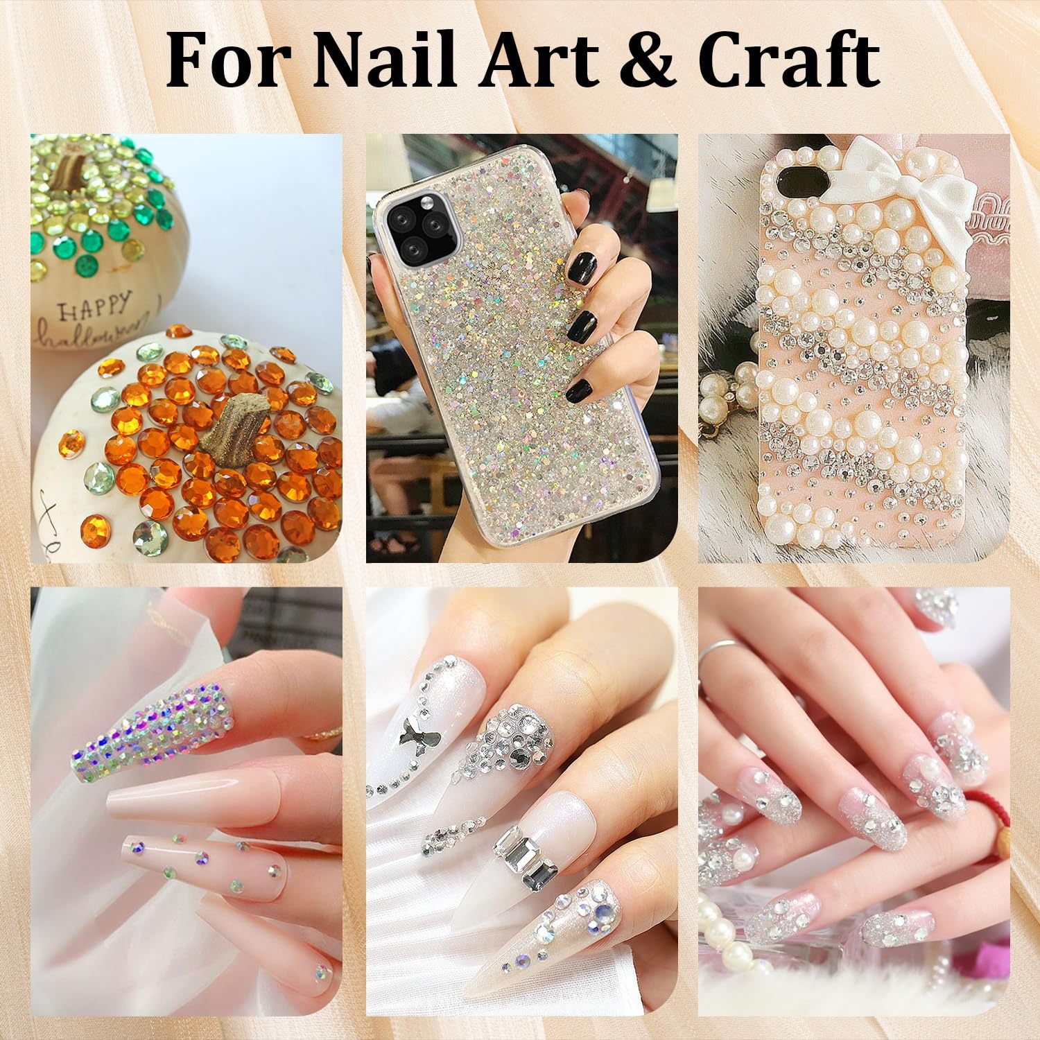 5320 gemas faciales para maquillaje con pegamento, cuentas coloridas y gemas redondas de cristal AB y transparentes, perlas planas blancas y beige y
