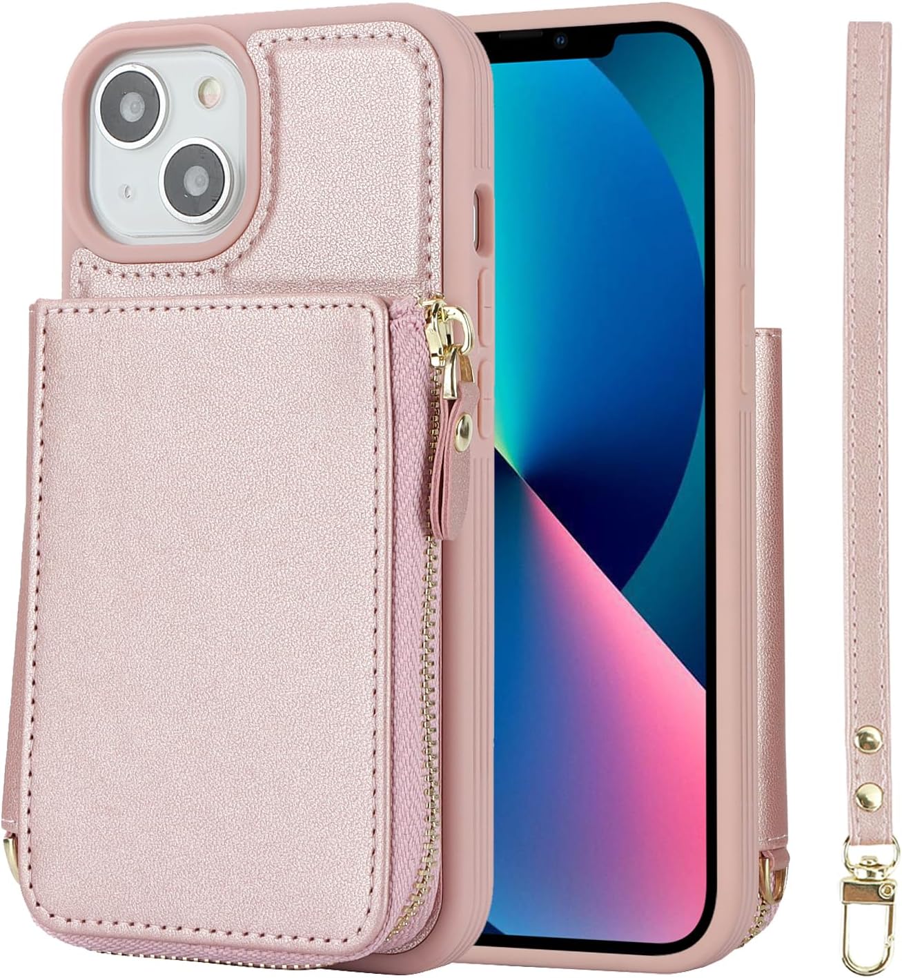 Funda para iPhone 14 Plus con tarjetero para iPhone 14 Plus, funda tipo cartera para mujer, funda con cremallera y cordón para bolsillo para