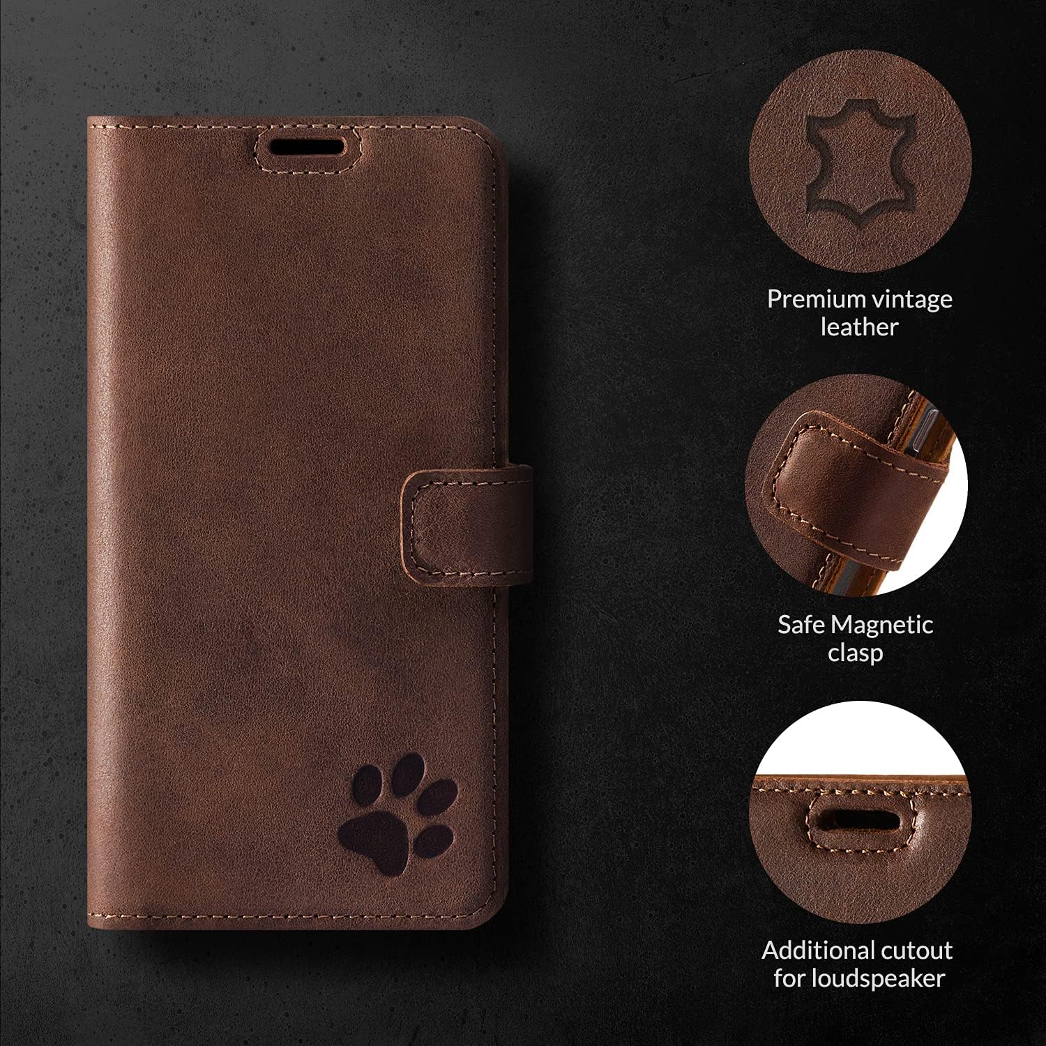 SURAZO Premium Mobile Phone Case for Apple iPhone 11 Pro Max – Genuine Leather Case with Paw Motif – Leather Flip Case with Stand Function, Card