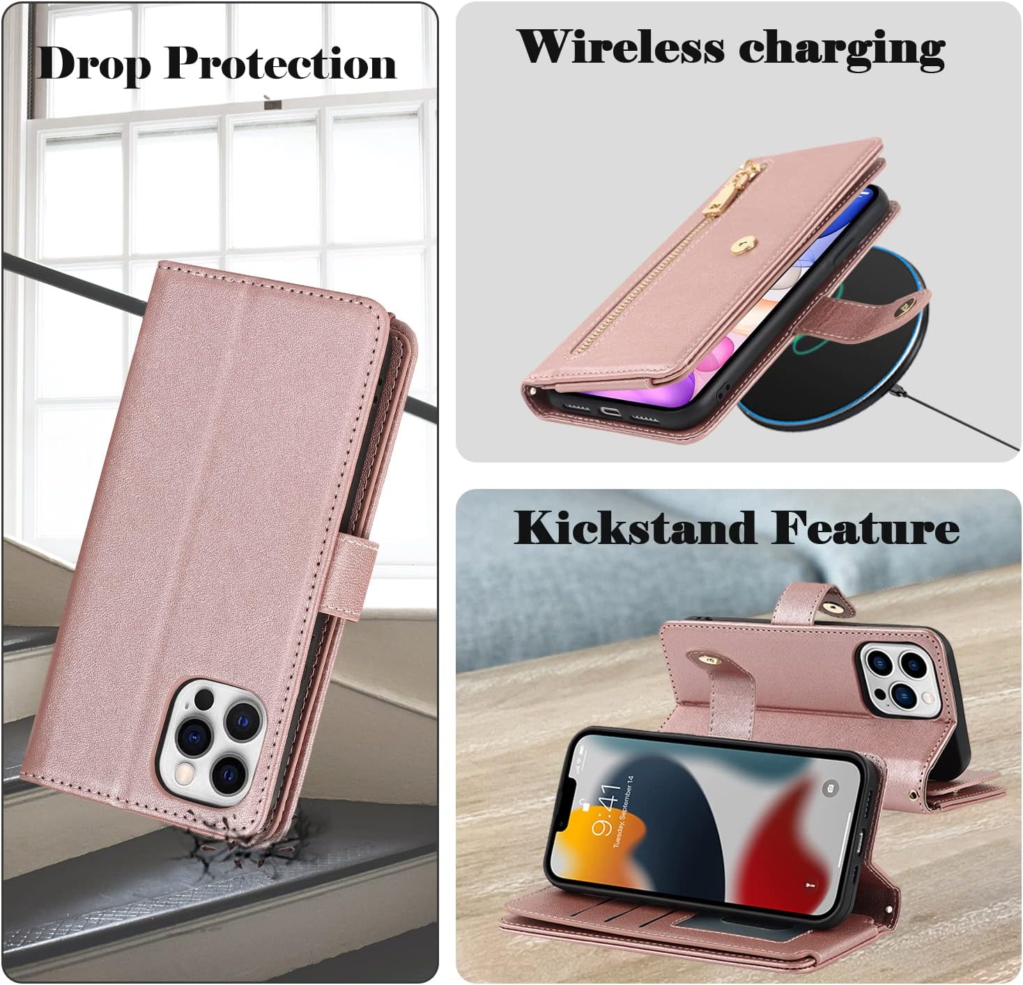 Havaya Funda para iPhone 12 con tarjetero, para iPhone 12 Pro, funda tipo cartera para mujer, funda tipo cartera con cremallera y ranuras para