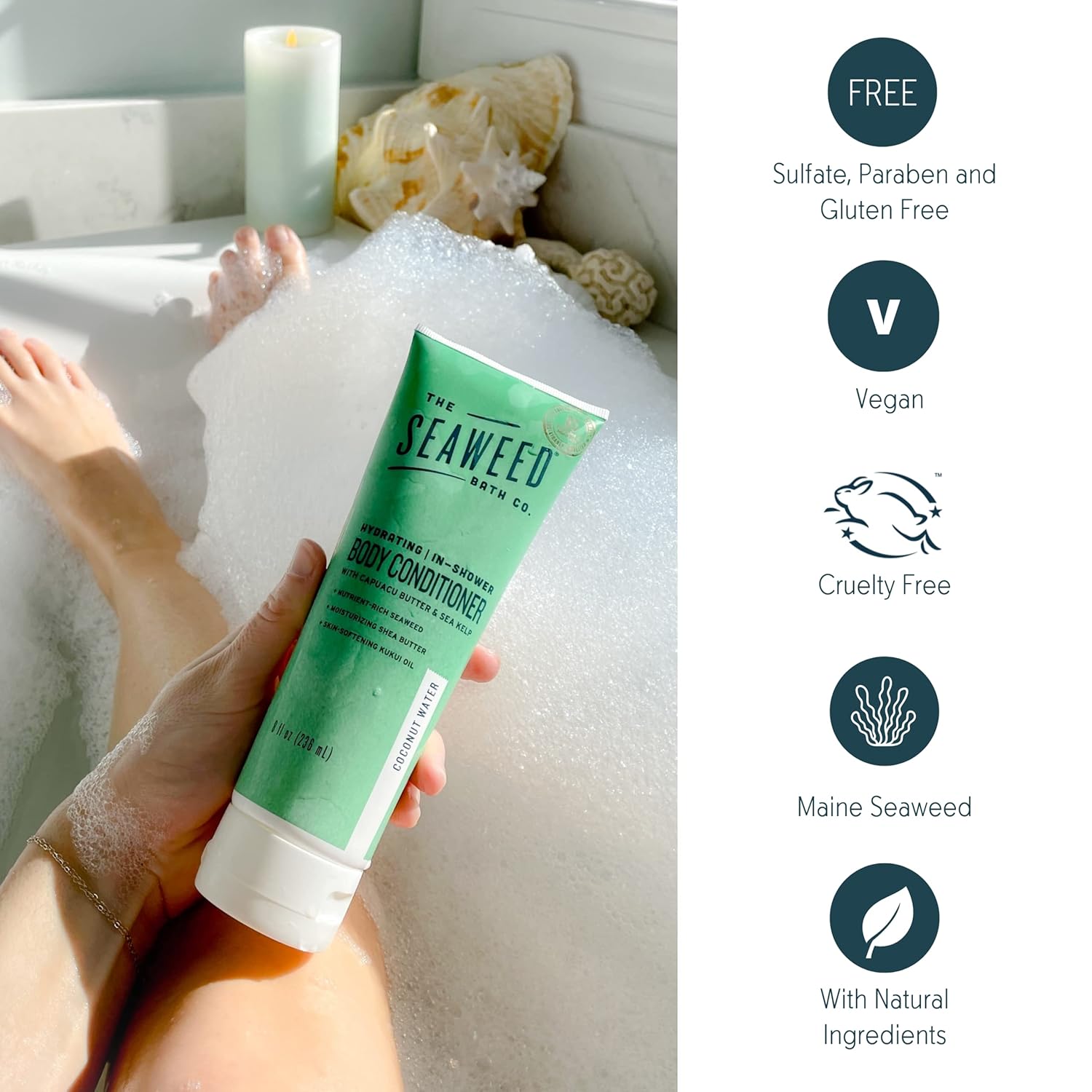 The Seaweed Bath Co. Acondicionador corporal hidratante para la ducha, 8 onzas, aroma a agua de coco, con algas naturales de Bladderwrack, vegano,