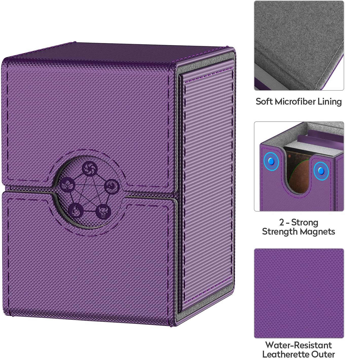 Caja morada para tarjetas MTG, caja de almacenamiento de tarjetas coleccionables con 2 divisores por soporte, capacidad para hasta 110 tarjetas
