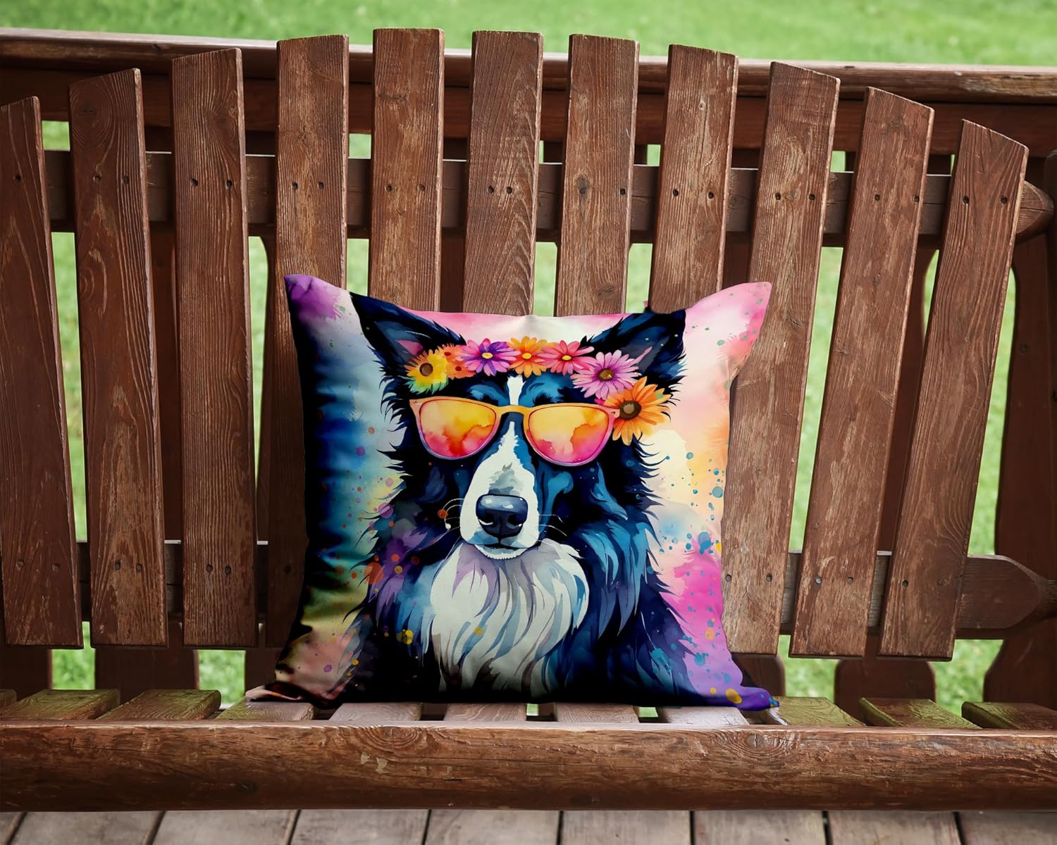 Caroline’s Treasures DAC2466PW1414 Border Collie Hippie Dawg – Almohada decorativa de tela, lavable a máquina, almohada decorativa para interiores y