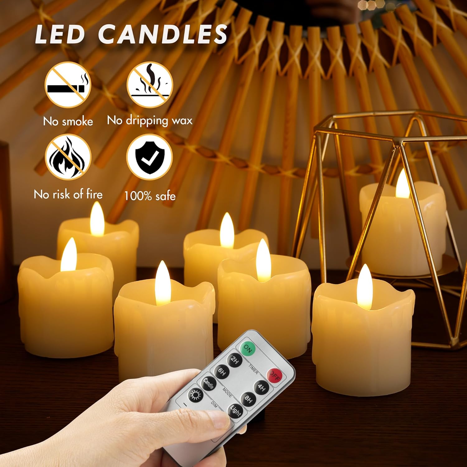 Velas votivas sin llama, velas LED sin goteo de 2 x 2 pulgadas con dos controles remotos, velas parpadeantes de cera real, paquete de 12 velas
