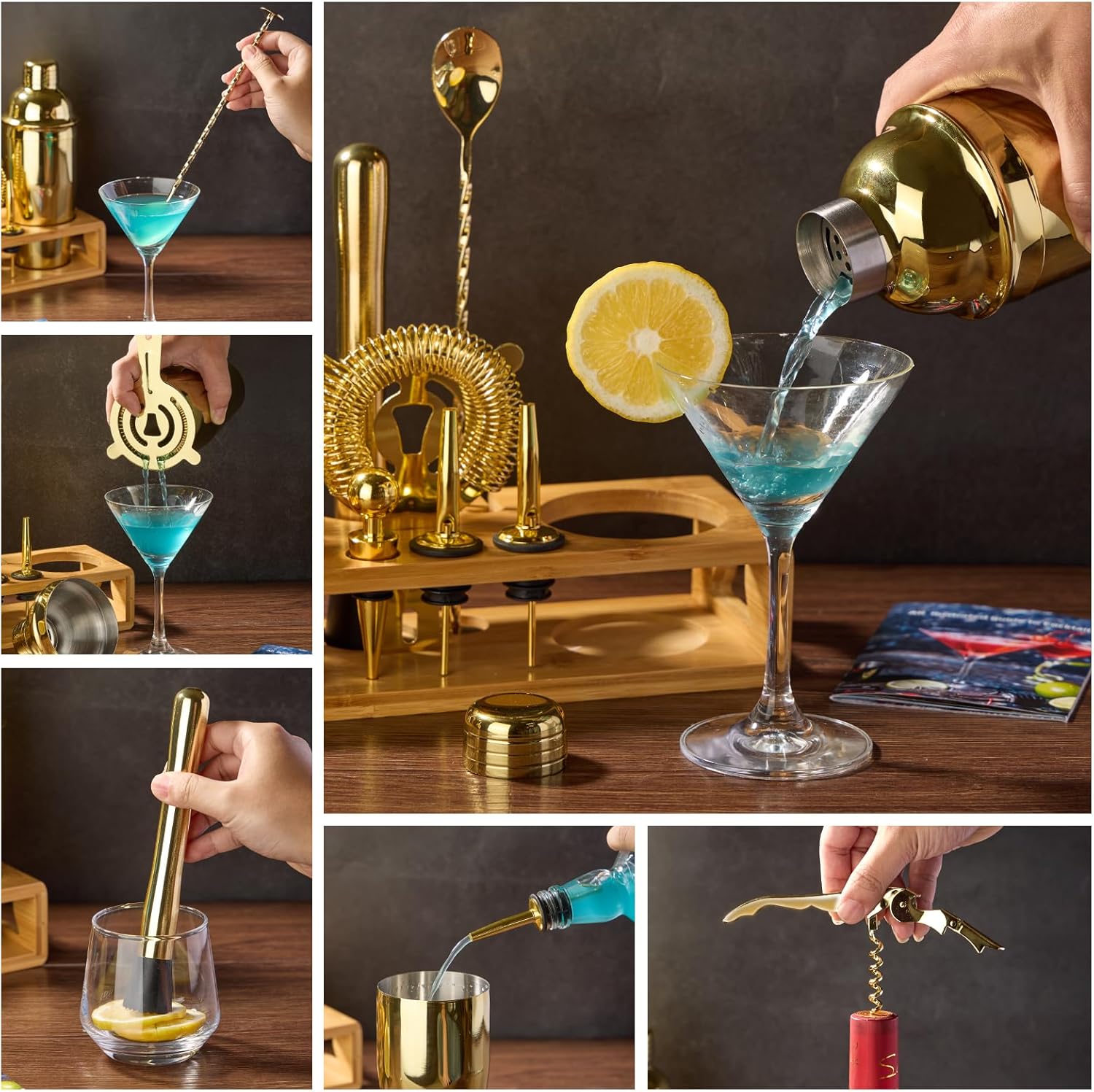 Juego de coctelera de camarero juego de herramientas de barra de 12 piezas con soporte de bambú  Juego de bar con todos los accesorios prácticos de