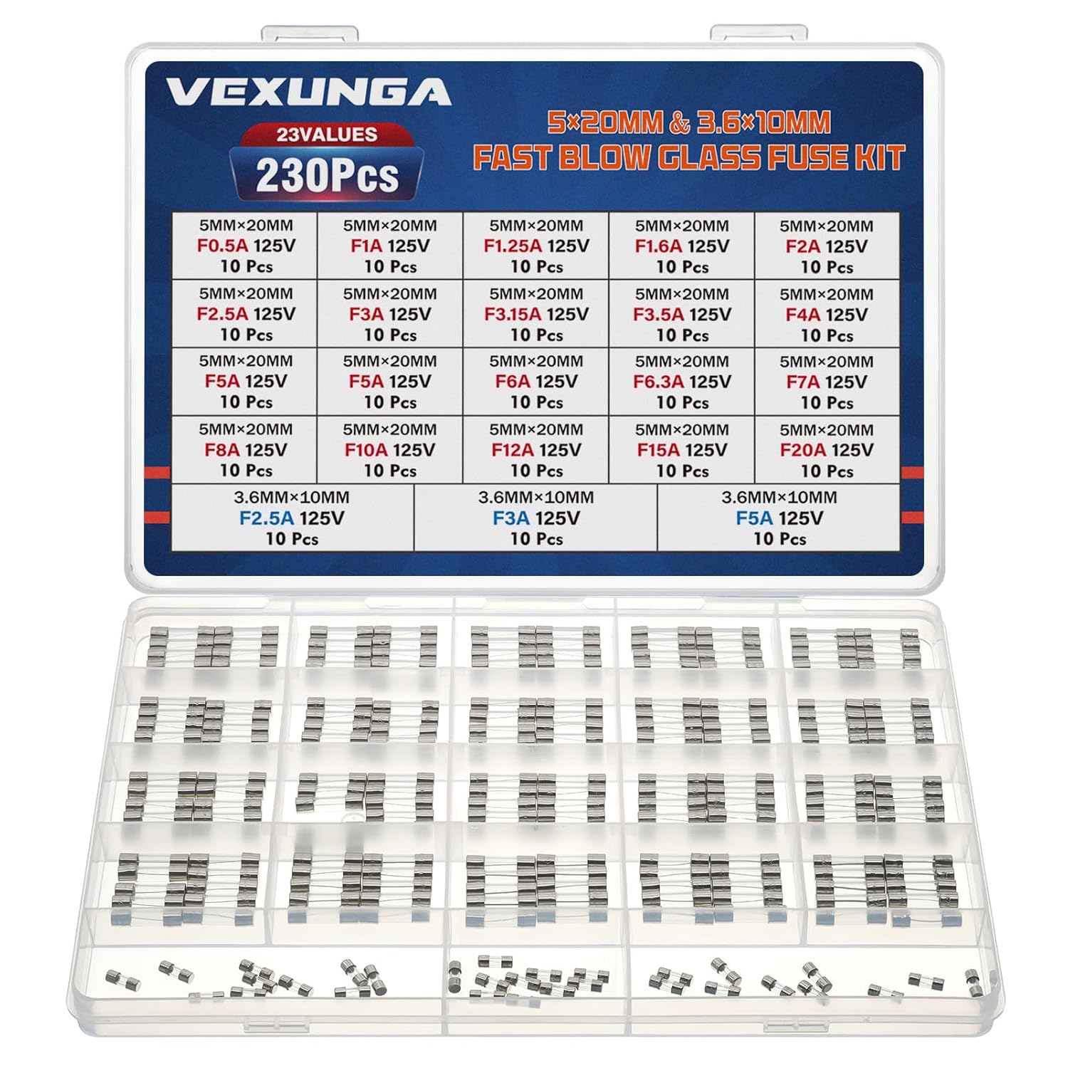 VEXUNGA 23Values Kit de fusibles de vidrio de 125 V 0.5A 1A 1.25A 1.6A 2A 2.5A 3.15A 3.15A 3.5A 4A 6A 6.3A 7A 8A 10A 12A 15A 20A 0.197 in y 2.5A 3A