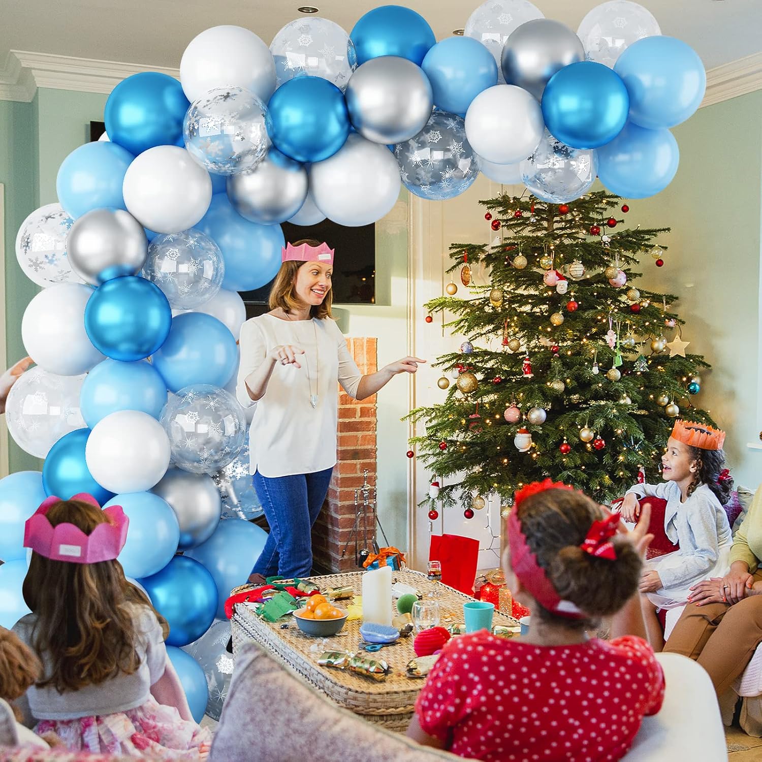 Paquete de 50 globos de confeti de copo de nieve de 12 pulgadas, azul y blanco, globos cromados plateados y azules para fiesta de cumpleaños, fiesta