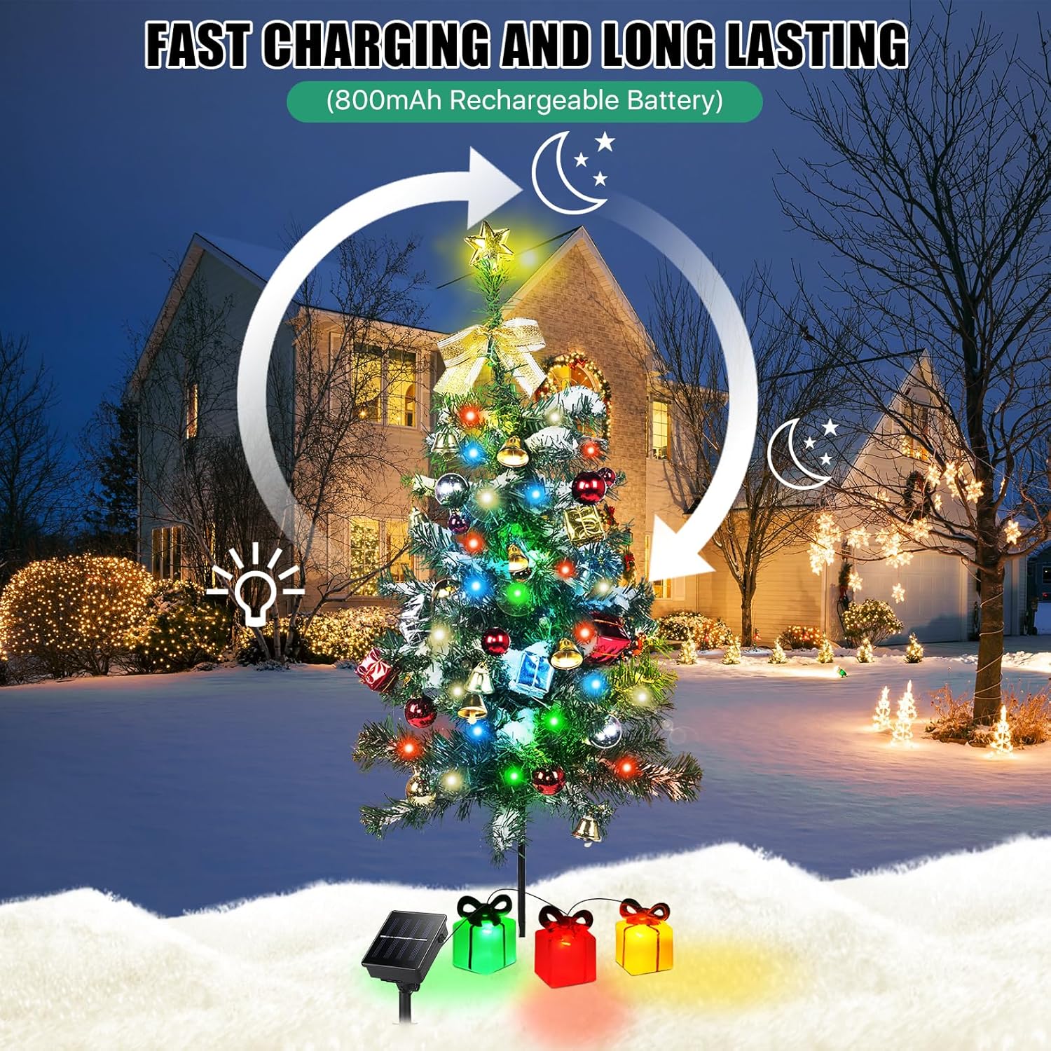 Decoración solar para árbol de Navidad, luces para exteriores, paquete de 2 con 60 LED, 44 adornos de Navidad, 6 cajas de regalo iluminadas, 8