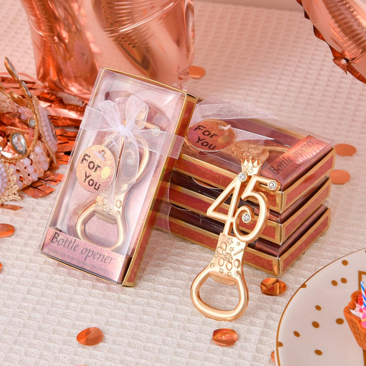 24 boxes of rose gold themed 45th birthday bottle openers, suitable for 45th anniversary wedding party gifts, 45th birthday party souvenirs or party