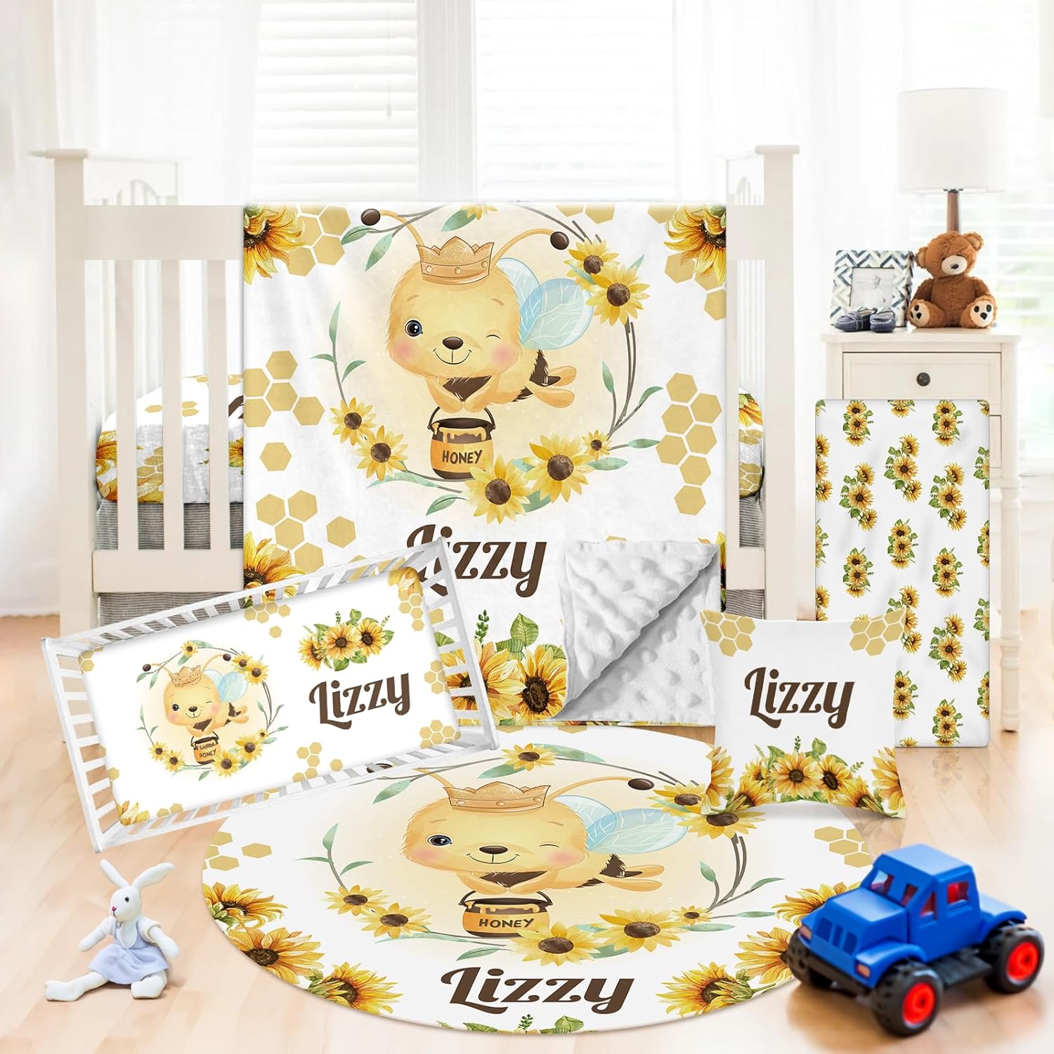 Juego de ropa de cama personalizado para cuna 5 piezas de regalo personalizado con patrón de abeja con nombre, juego de ropa de cama de guardería