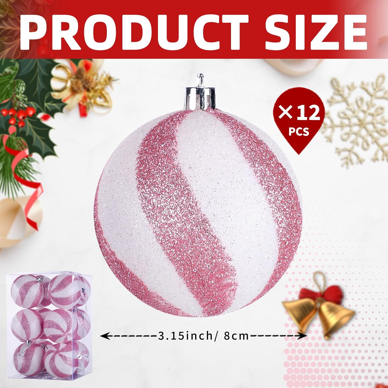 Liliful 12 bolas de Navidad de 3.15 pulgadas, con purpurina, decoración de árbol de Navidad, adornos de Navidad pintados de plástico, adornos para