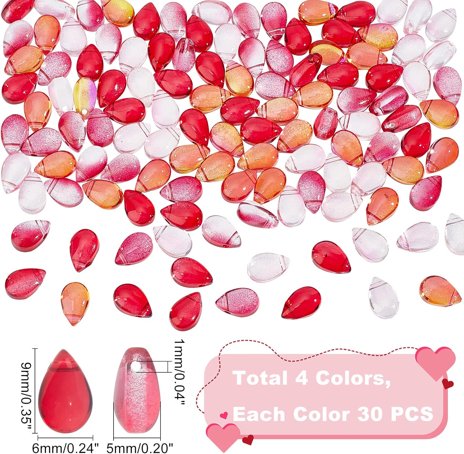 AHANDMAKER 120 cuentas de cristal checo en forma de lágrima, 4 colores, cuentas de cristal transparente con purpurina en polvo dorado, gotas de